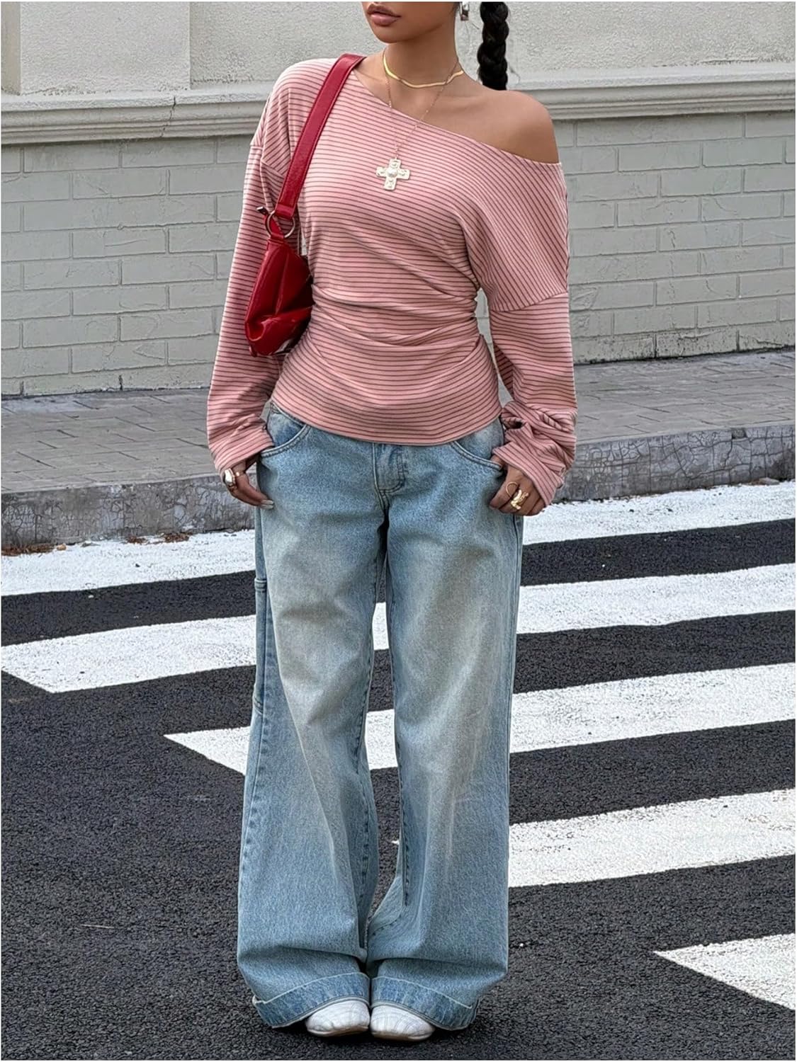 Milumia Women's Y2k Off The Shoulder Striped Tops Long Sleeve Ruched Cinched Waist Tee Shirt Top - Image 4