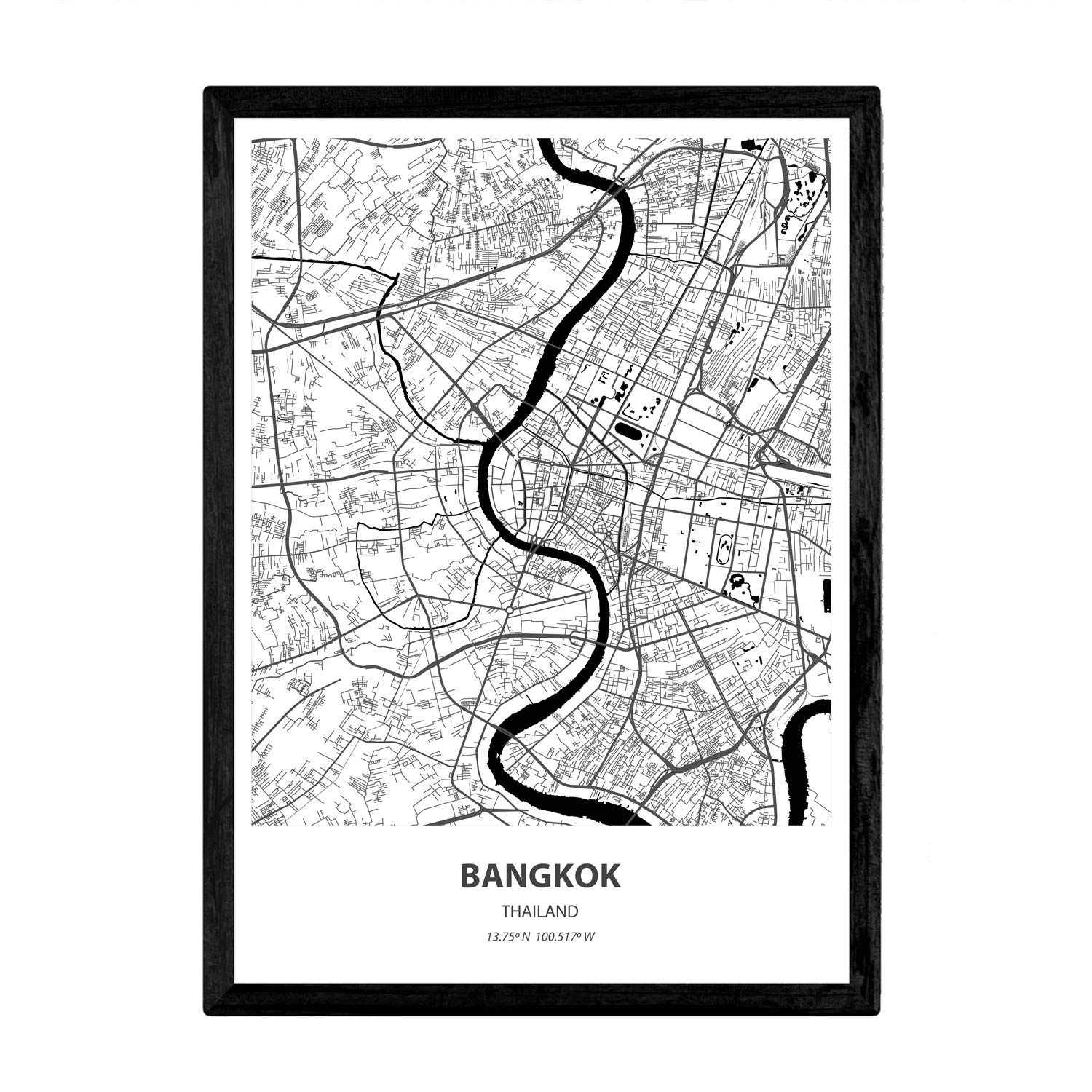 Nacnic Poster with map of Bangkok - Thailand. Asian cities sheets with seas and rivers in black color. A4 size