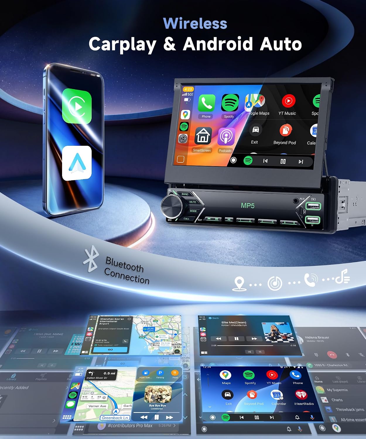 Single Din Retractable Screen Car Stereo with Wireless A-pple Carplay Android Auto, 7" Car Radio 1 Din with Backup Camera Car Audio Receiver, Support Mirror Link Bluetooth FM USB EQ SWC image 2