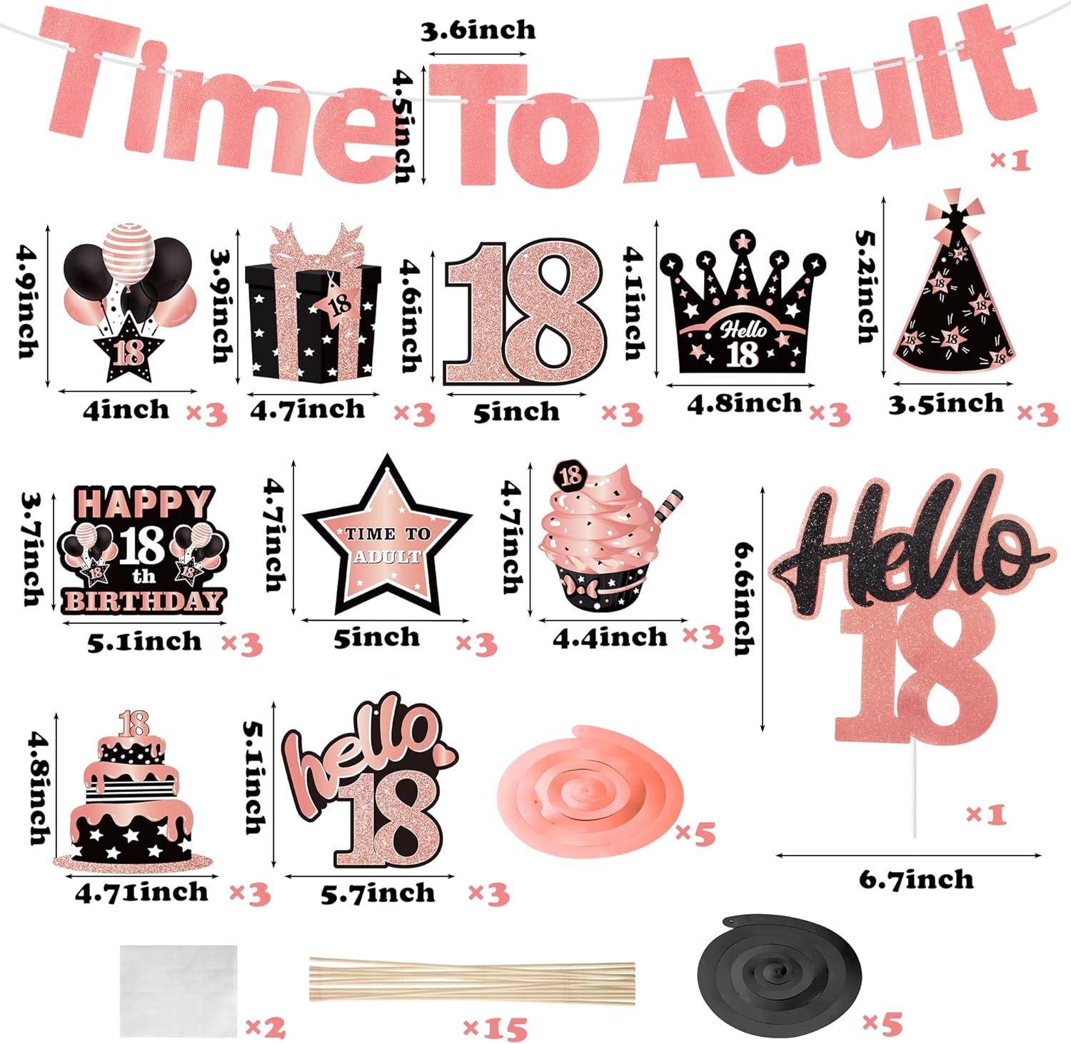 WATINC 42pcs 18th Glitter Rose Gold Birthday Banner Party Decoration, Time to Adult Hanging Garland Swirls Signs for 18 Years Old Girls Bday Party Favor, Rose Gold Cake Topper Centerpieces Table Decor