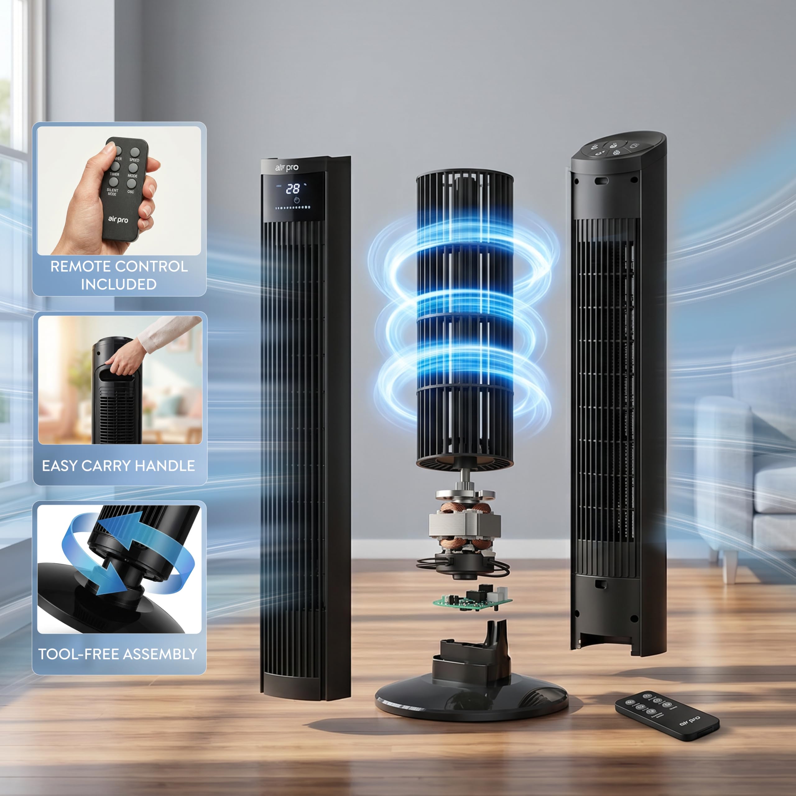 Air Pro 36" Tower Fan Oscillating Bladeless Fan with Remote Control - Tall Compact 3 Speeds Quiet 55W Motor Cooling Fan - Floor Standing Fan for Home Office - LED Display 15 Hour Timer