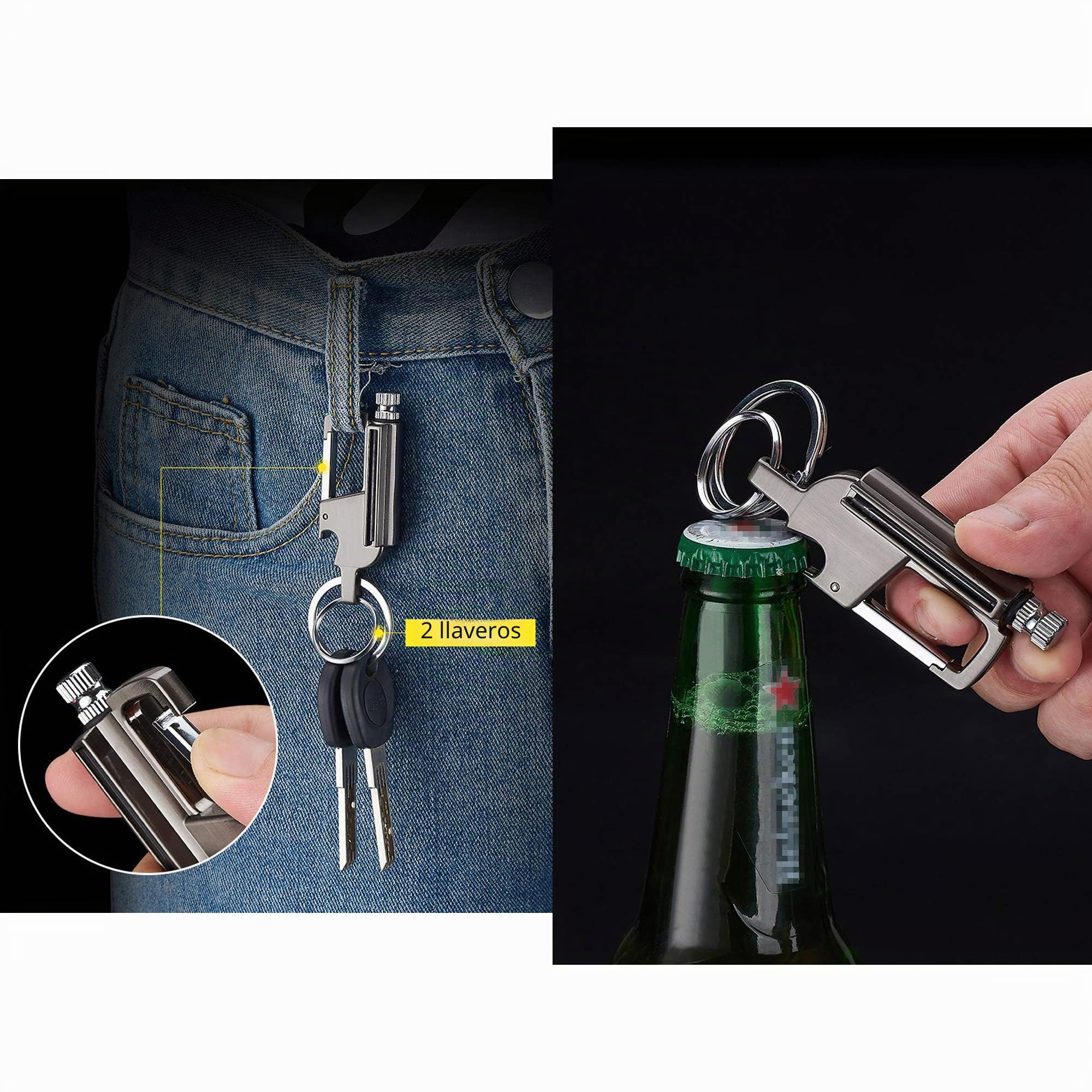 Encendedor de Fuego Pedernal Impermeable Metal Llavero Abrebotellas