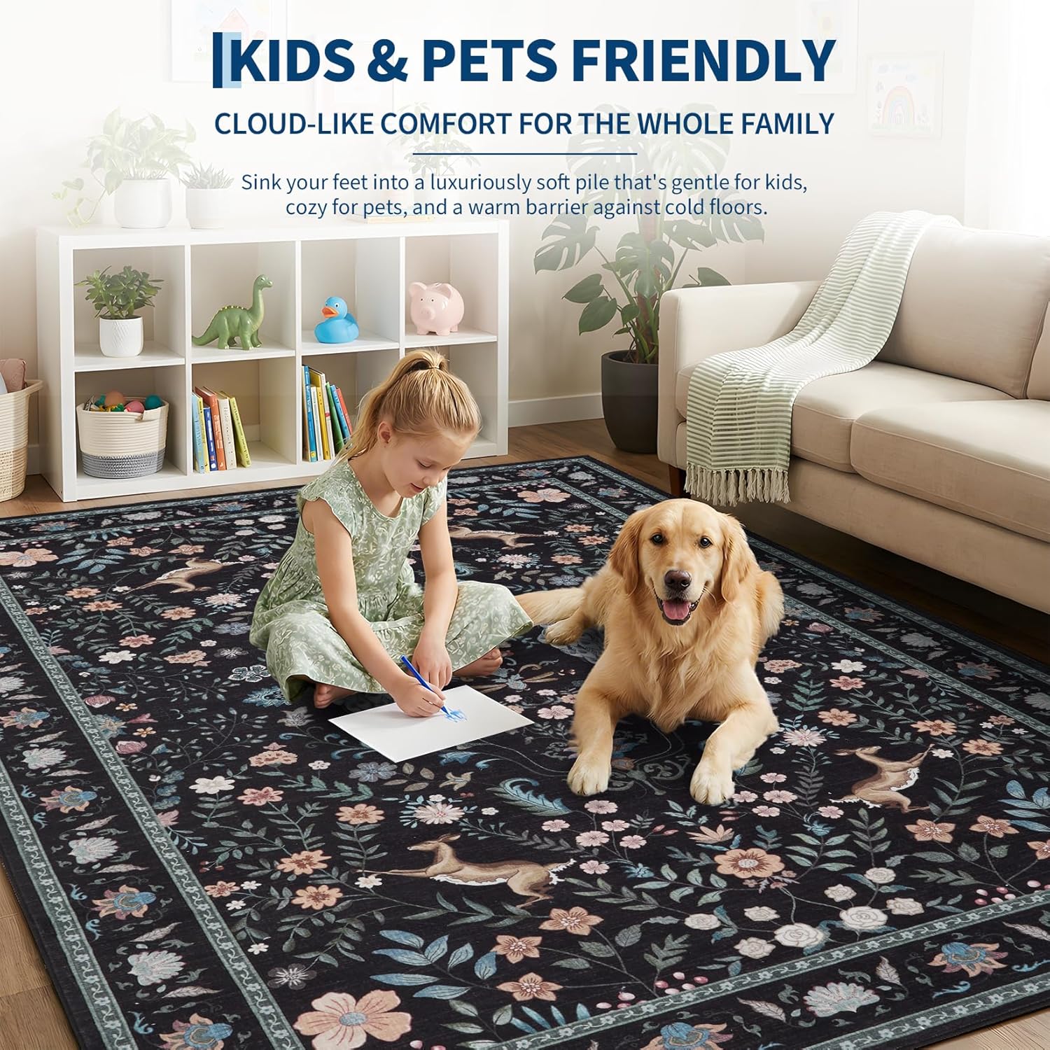 Garvee Floral Runner Rug 2x6 Washable Runner Rug Peacock Print Soft Hallway Runners Non Slip Non-Shedding Accent Rugs Low Pile Foldable Thin Carpet for Entryway Bedside Kitchen Laundry Nursery Black