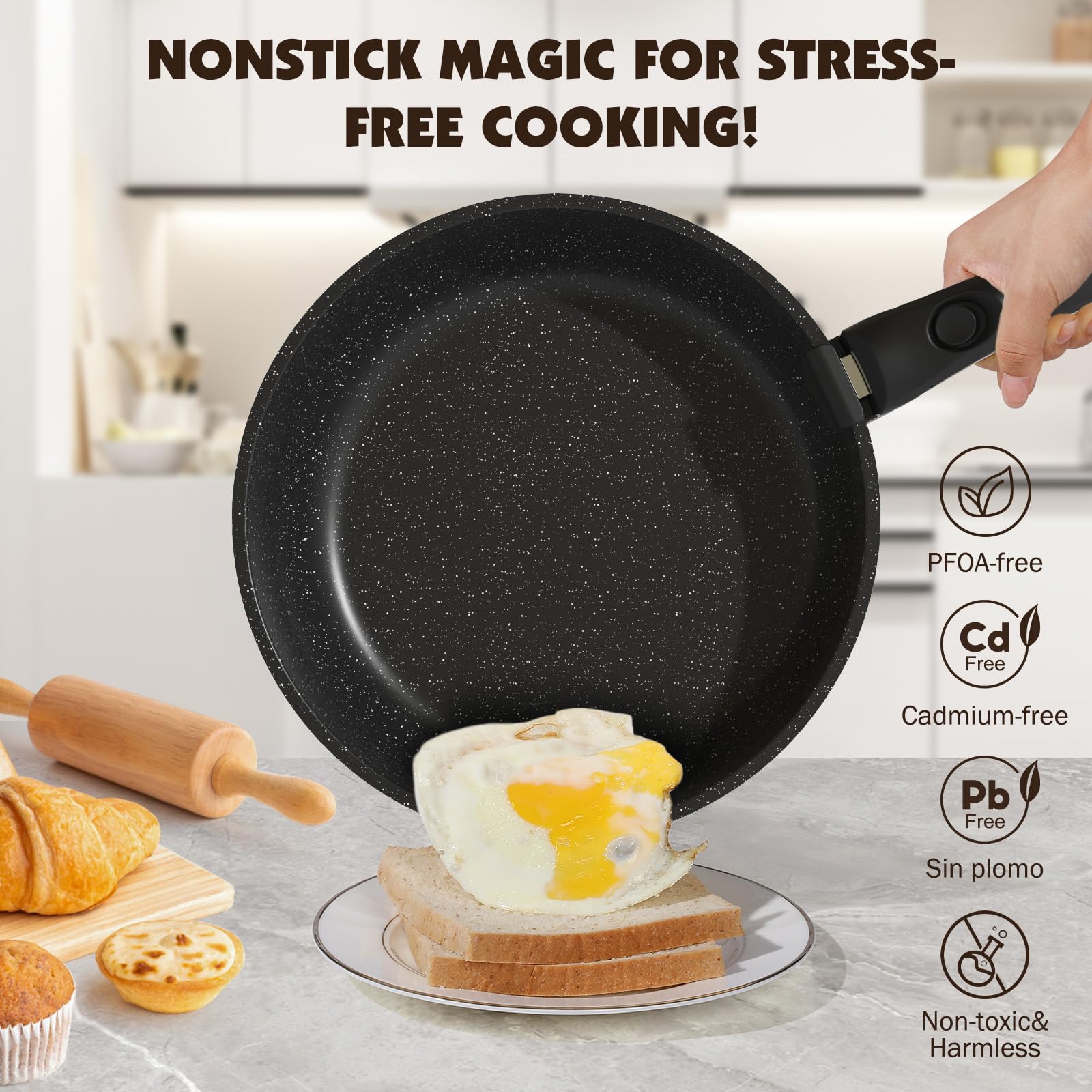 YASHE Batería de Cocina 21 Piezas, Antiadherente, con Mangos Desmontables y Tapas de Vidrio, Compatible con Inducción, Horno y Lavavajillas, Apilable, Gris