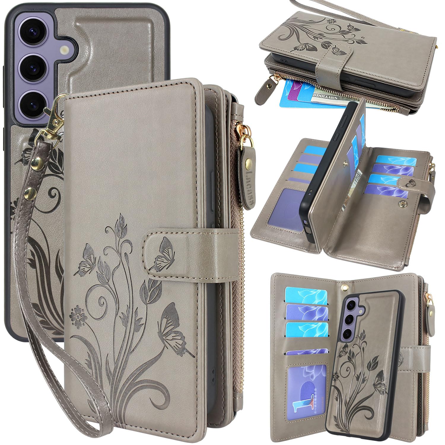 Lacass Case Wallet for Samsung Galaxy S24+ Plus 6.7 inch 2024, [12 Card Slots] ID Credit Cash Holder Zipper Pocket Detachable Leather Wallet Cover