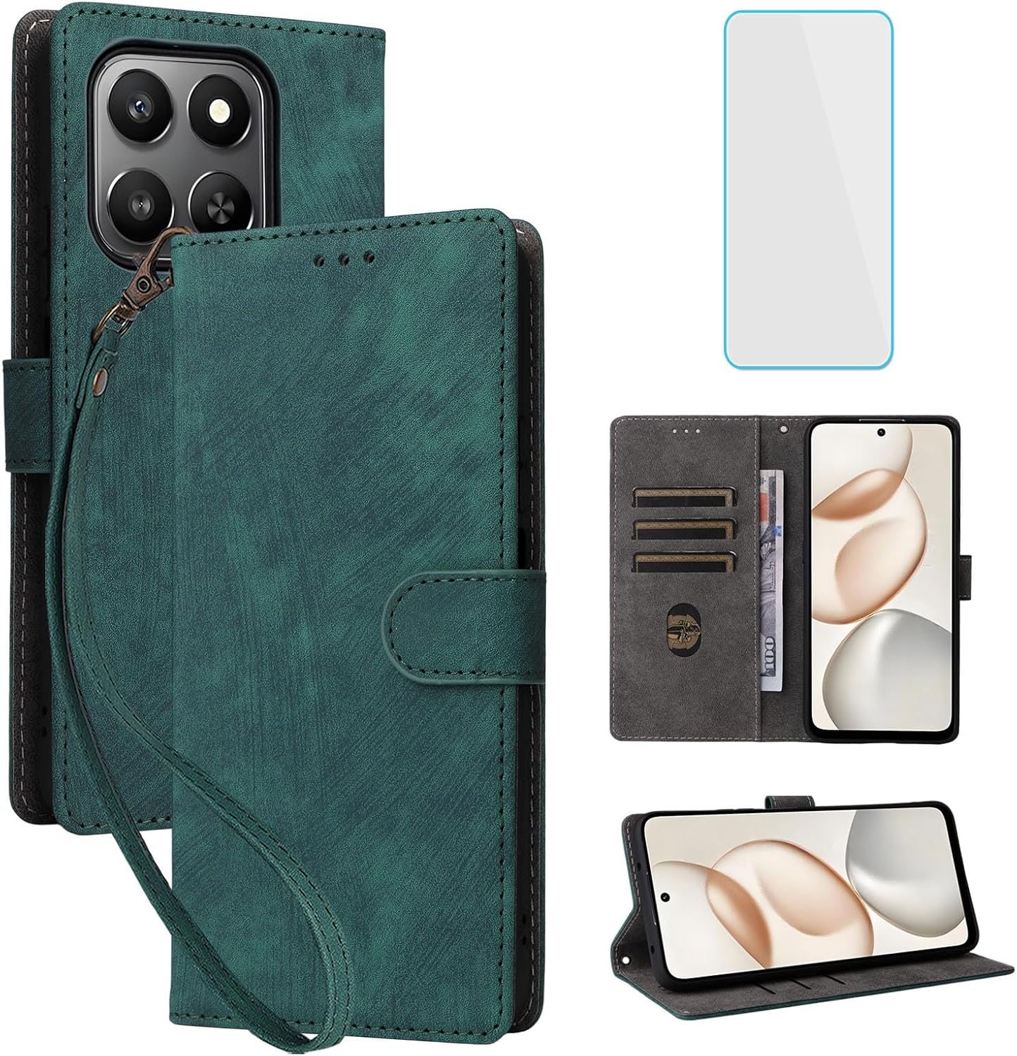 Mobile Phone Case for Honor 400 Smart 4G/5G Case with Tempered Glass RFID Shockproof Protective Case Card Slot Flip Case Wallet Leather Case for Honor400 Smart Honor 400Smart Honor400Smart Green