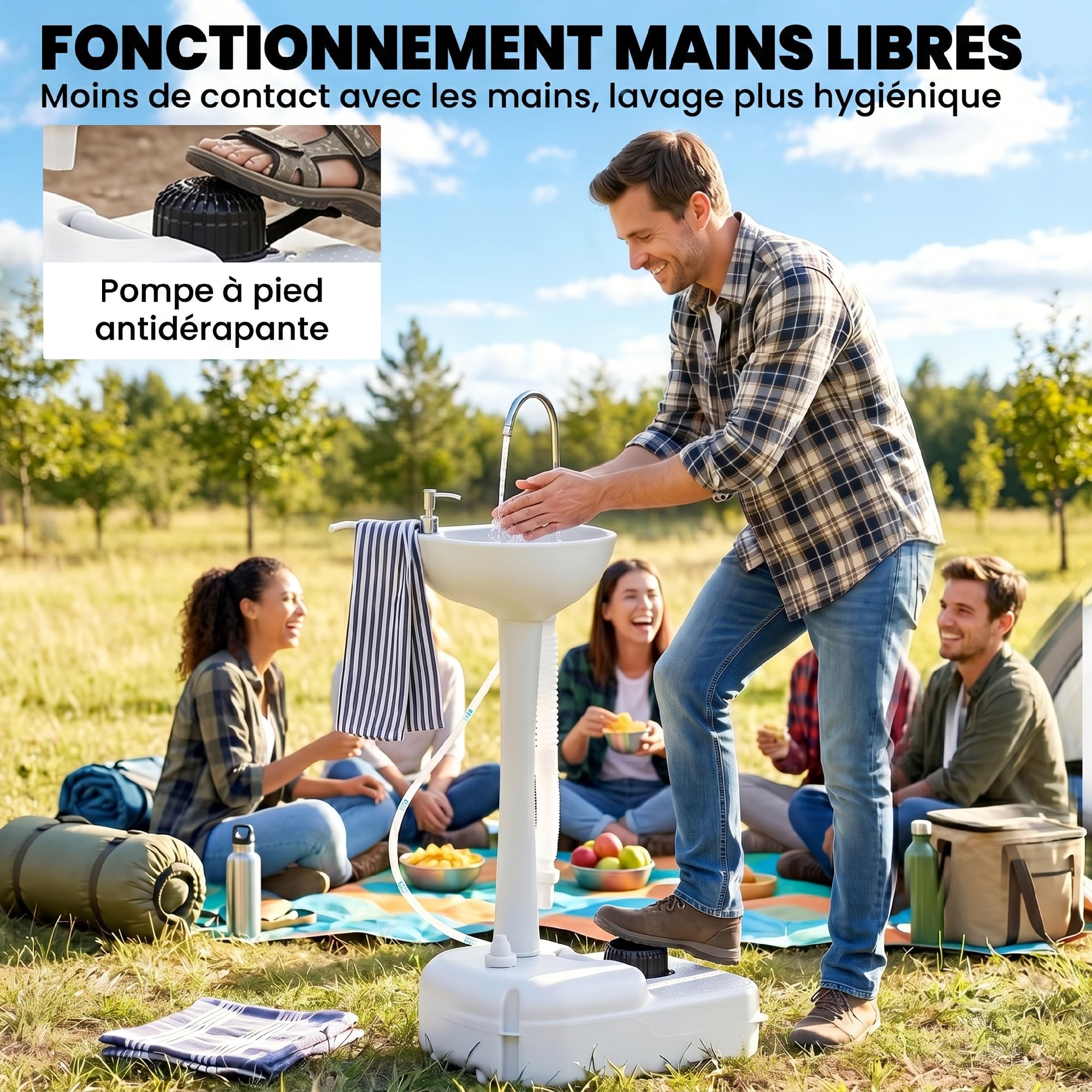 Outsunny Évier de Camping Portable, lavabo Portable pour Camping, Station Lavage avec Roues, Distributeur de Savon et Porte Serviettes, lavabo Mobile pour événements en Plein air, Gris