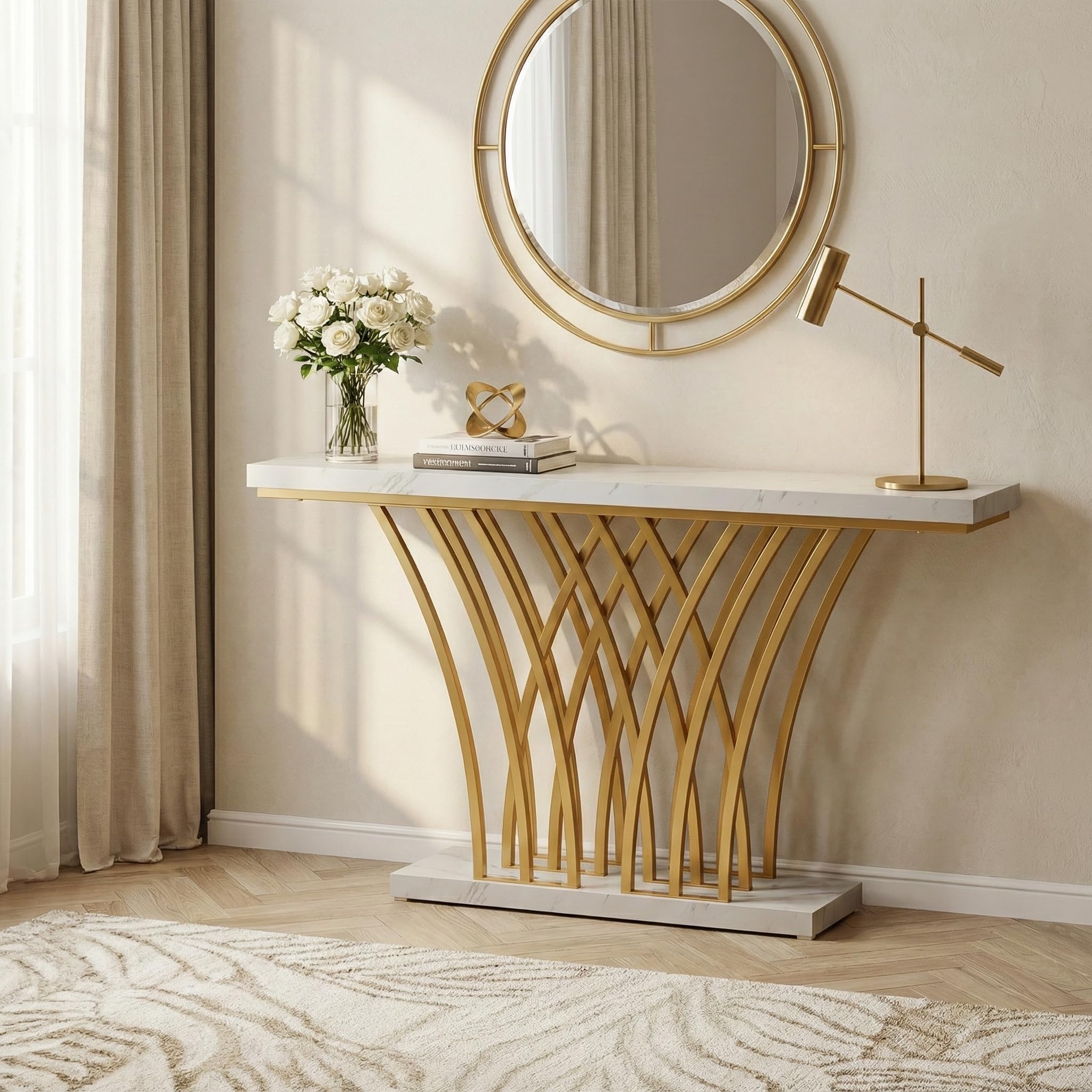 Lailang 150cm Consolle Ingresso, Tavolo Stretto e lungo, Mobile ingresso Legno, Consolle dietro Divano, Mobiletto ingresso moderno, 150 x 30 x 80 cm, White Faux Marble & Gold
