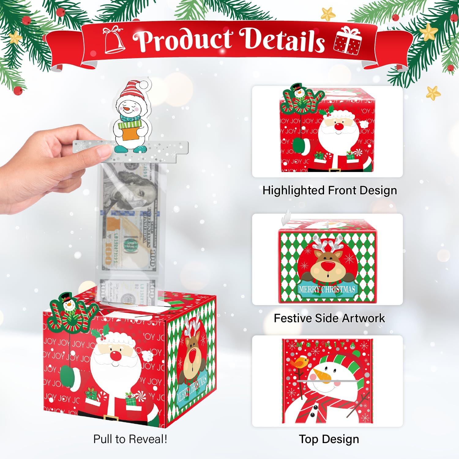 Christmas Money Pull Box - Festive Cash Gift Holder with Pull-Out for Kids & Adults - Red image 3