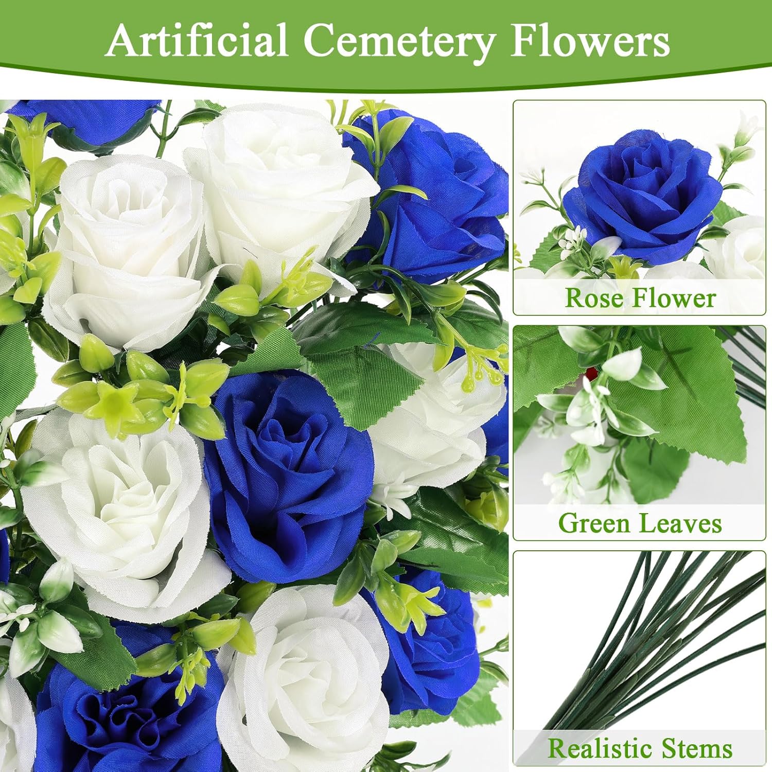 U'Artlines 2Pcs Artificial Cemetery Flowers with Vase for Grave, Silk Memorial Day Rose Flowers Bouquet Outdoor Grave Flowers for Grave Vase Cemetery Graveyard Headstones (Blue White)