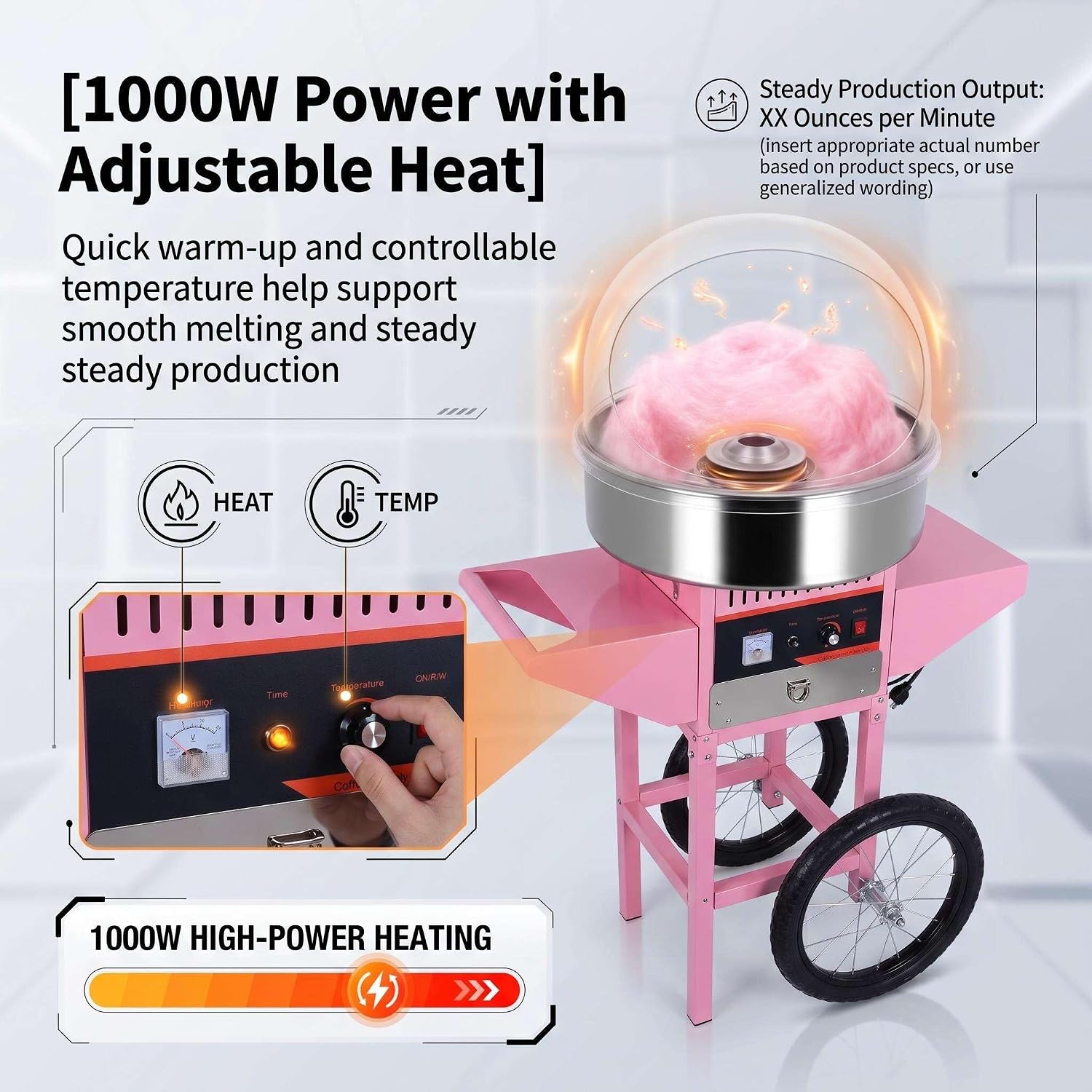 1000W Electric Cotton Candy Maker with Cart & Dome, Cotton Candy Machine with Dome, 3000R/m Spinner, Stainless Steel Bowl, Cotton Candy Makers for Party Home Pink