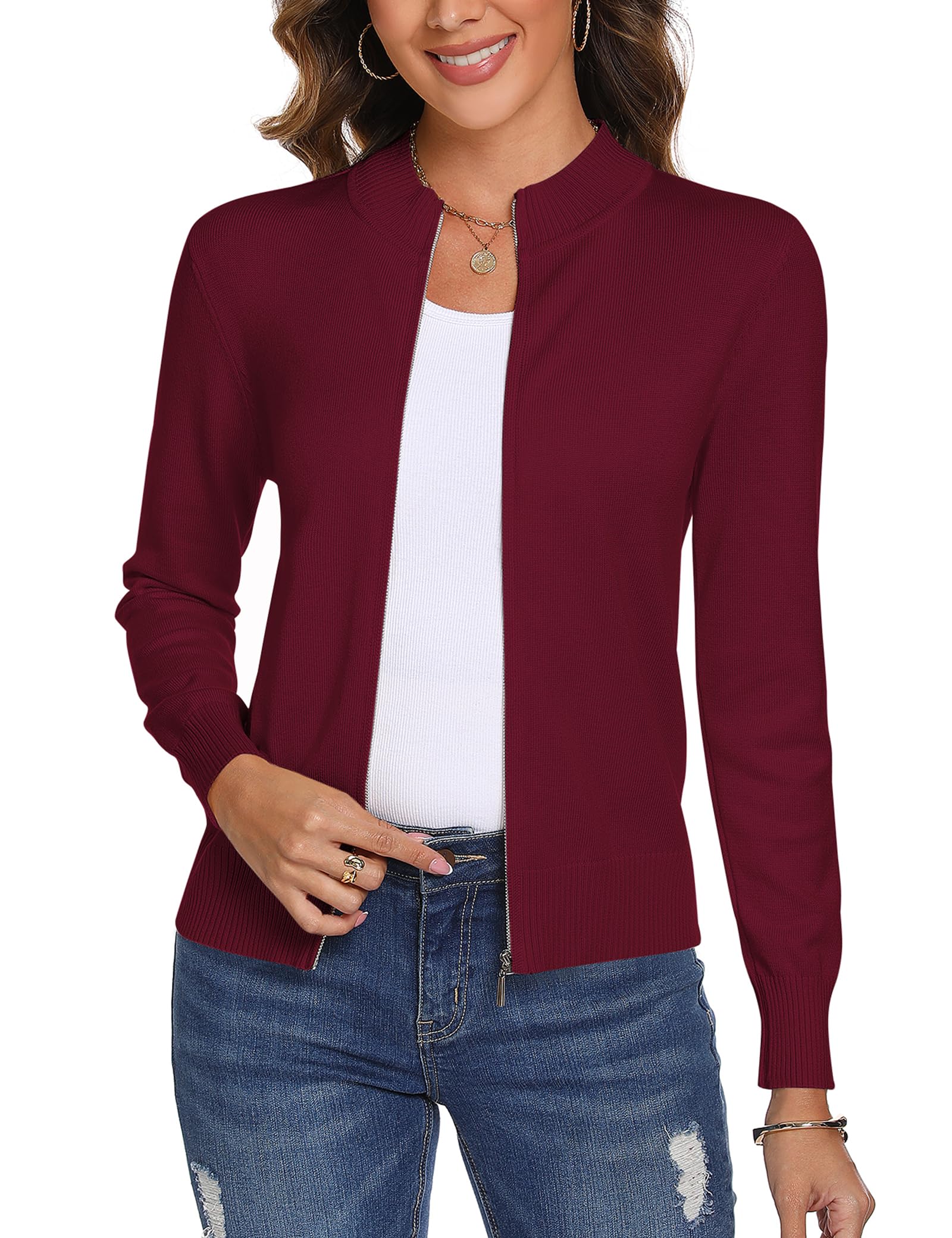 Aottori Strickjacke Damen Kurz mit Reißverschluss Strickjacken Cardigan Langarm Stehkragen Elegant Trachtenjacke Pullover Einfarbig Strickmantel Jacke Outerwear