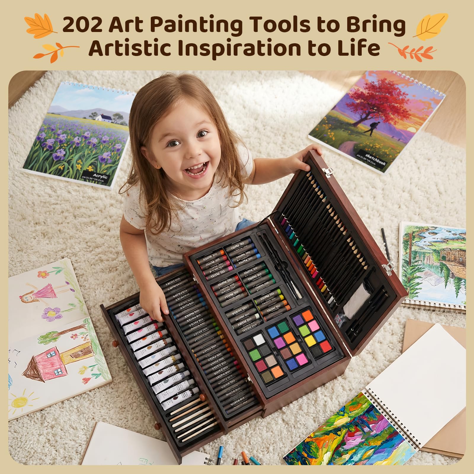 MAMIZO 202-Teiliges Premium Malset,Malkoffer mit Wachsmalstiften,Buntstiften,Ölpastellen und Acrylfarben,Staffelei und Holzkiste,Malset für Kinder & Anfänger,Ideal für zu Hause,Schule,Plein Air Malen