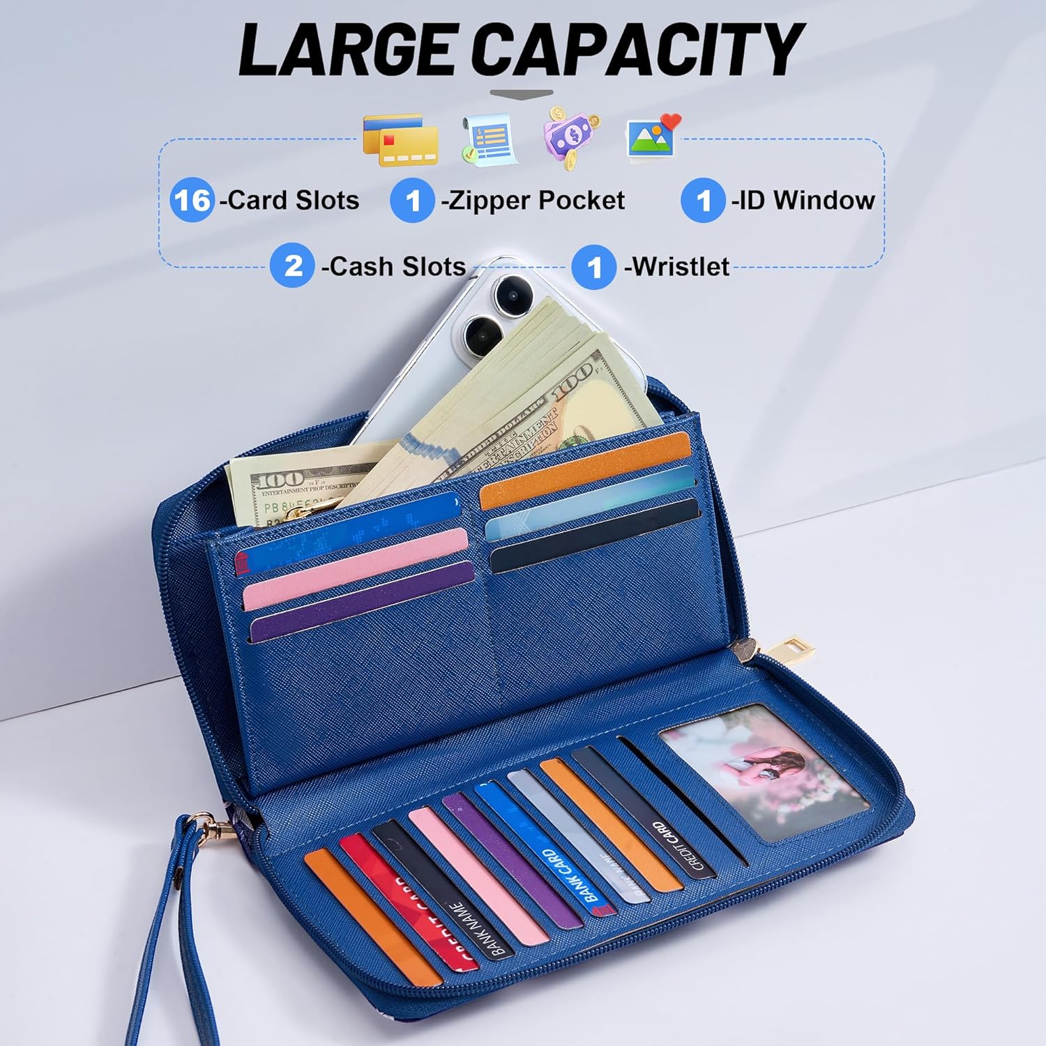 Chelmon Women's Vegan Leather Clutch Wallet with Zip, Hand Strap, Large Capacity - Image 3