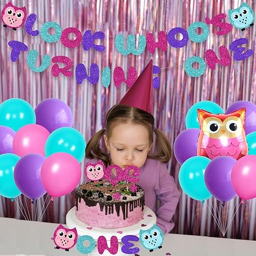 Miniatura 3 de 50 piezas de decoración de fiesta de primer cumpleaños de búho de dibujos animados para niños y niñas con Look Who's Turning One, globo de látex,
