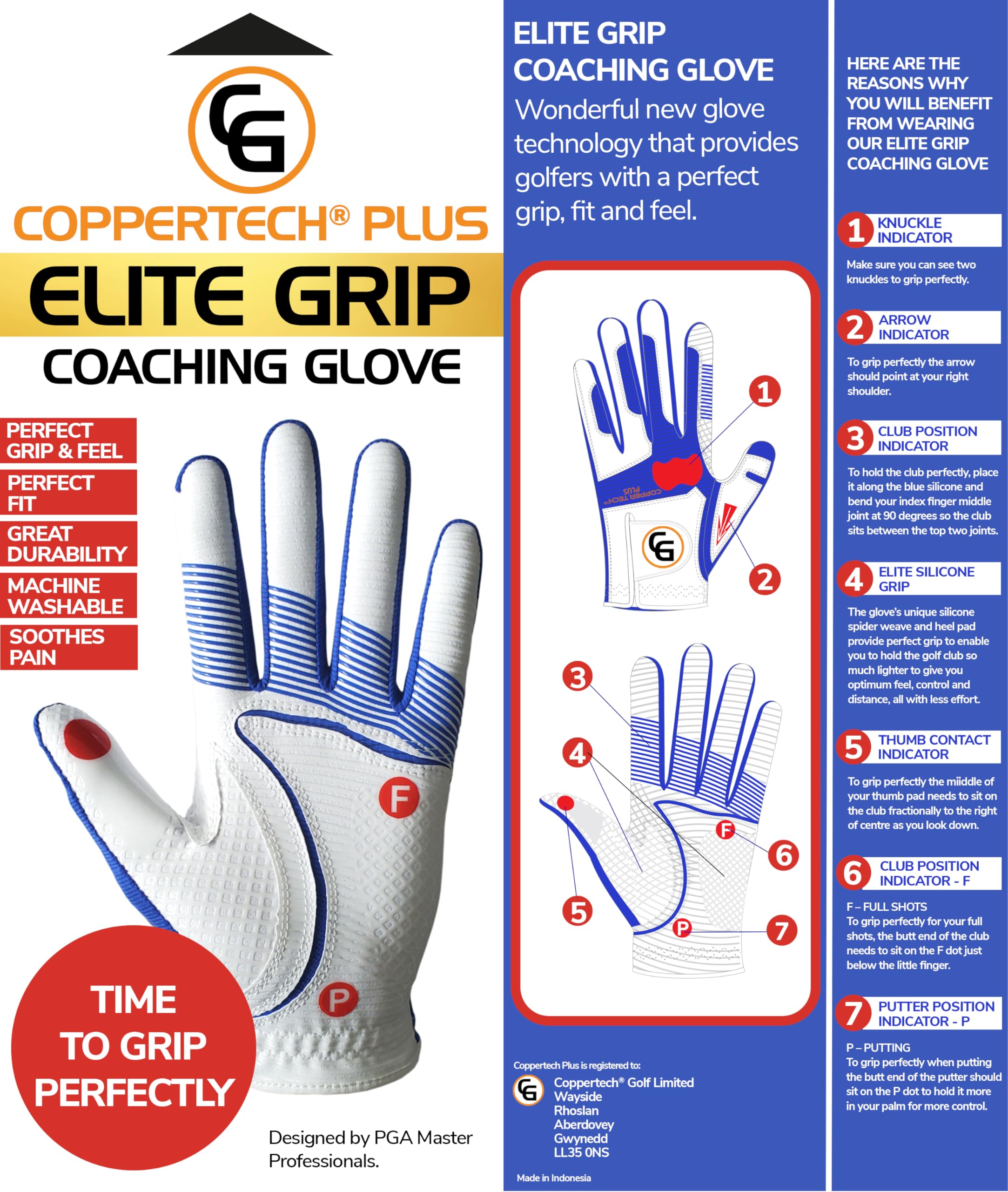 Coppertech PLUS ELITE GRIP COACHING GLOVE - BEST TRAINING GOLF GLOVE EVER AND BRILLIANT PRICE AND VALUE! (Womens Right-Hand One-Size for Left-Handed Golfer)