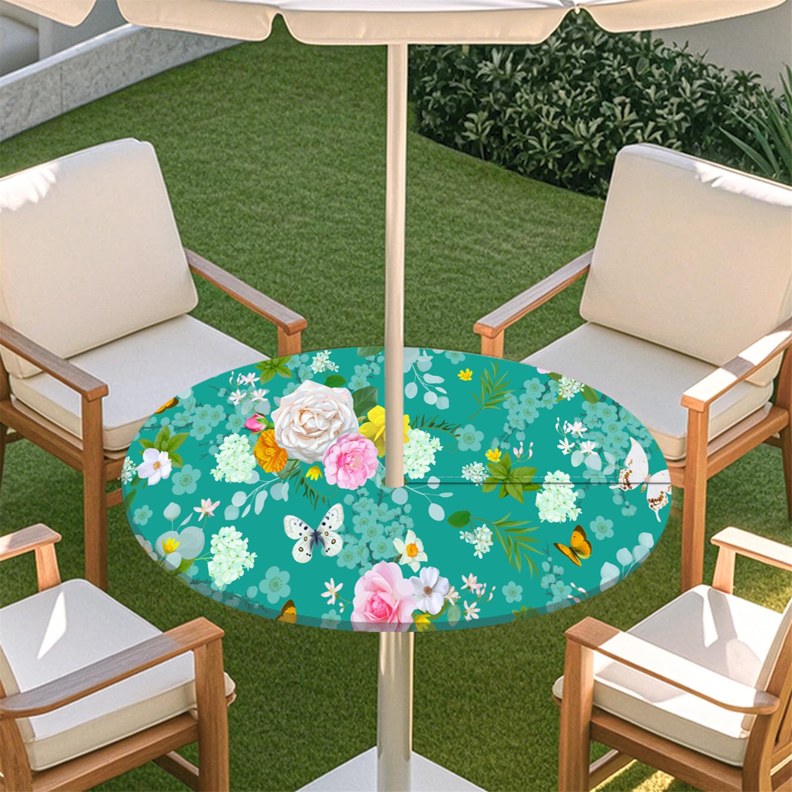 Odot Outdoor Round Tablecloth with Parasol Hole and Zipper, 3D Elegant Elastic Edge Round Fitted Tablecloth Protector Waterproof Wipe Clean Table Cover for Garden, BBQ, Party (Butterfly,M:91-112cm)
