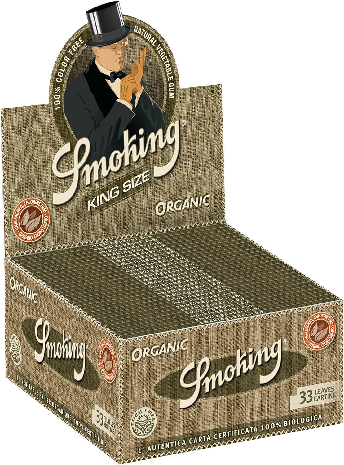 Organic Rolling Papers - 33 Papers Per Pack - King Size Slim,Pack of 50 Booklets Display per Box + Free 1pcs cone holder & 1pcs glass chilam random design & colour BY (SMOKING TRADING HOUSE)