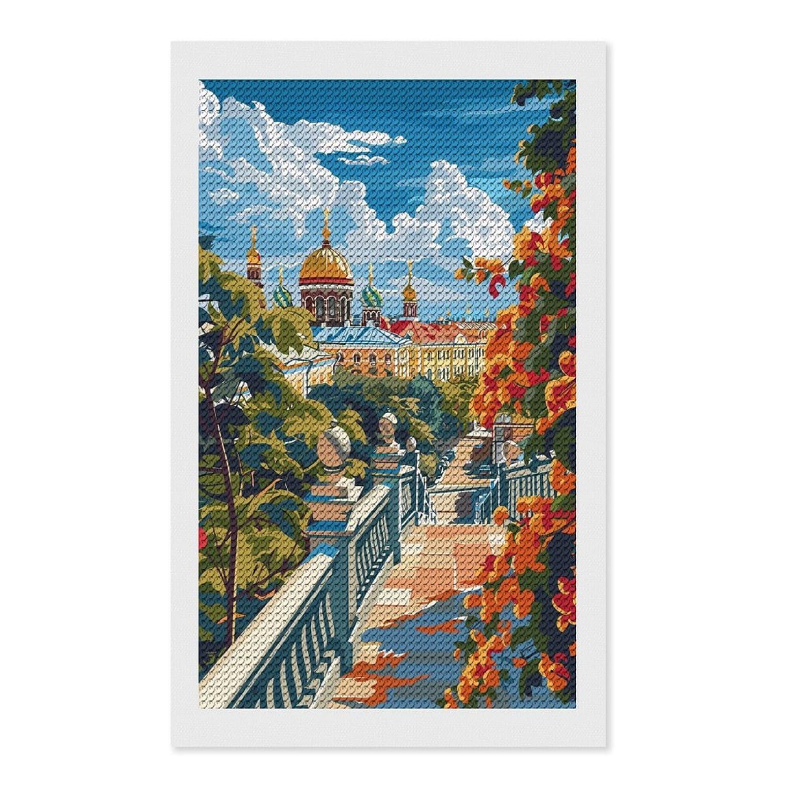 Junmoney Cityscape with Cathedral and Autumn Foliage Diamond Painting Kit 12"x20", Adhesive Canvas, Home Wall Decor, for Beginners, Birthday Gift, Full Kit Included
