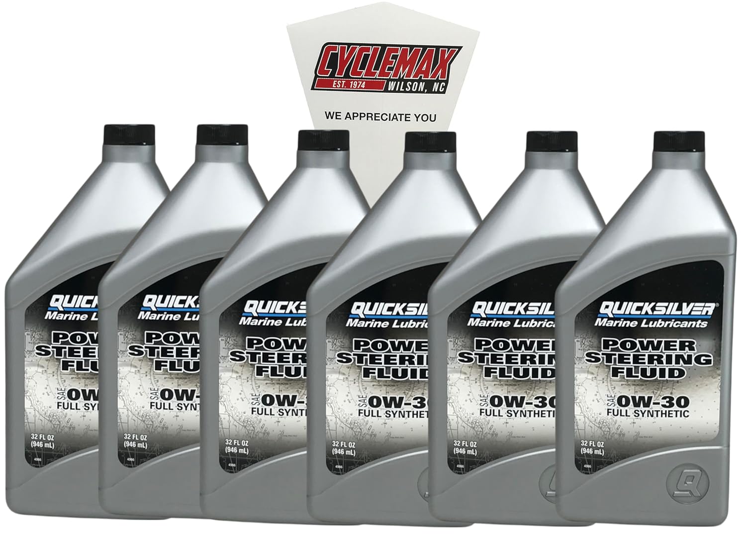 Cyclemax Six Pack compatible with Mercury Power Steering Fluid Quarts 858077Q01-6PACK Contains Six Power Steering Fluid Quarts and a Funnel