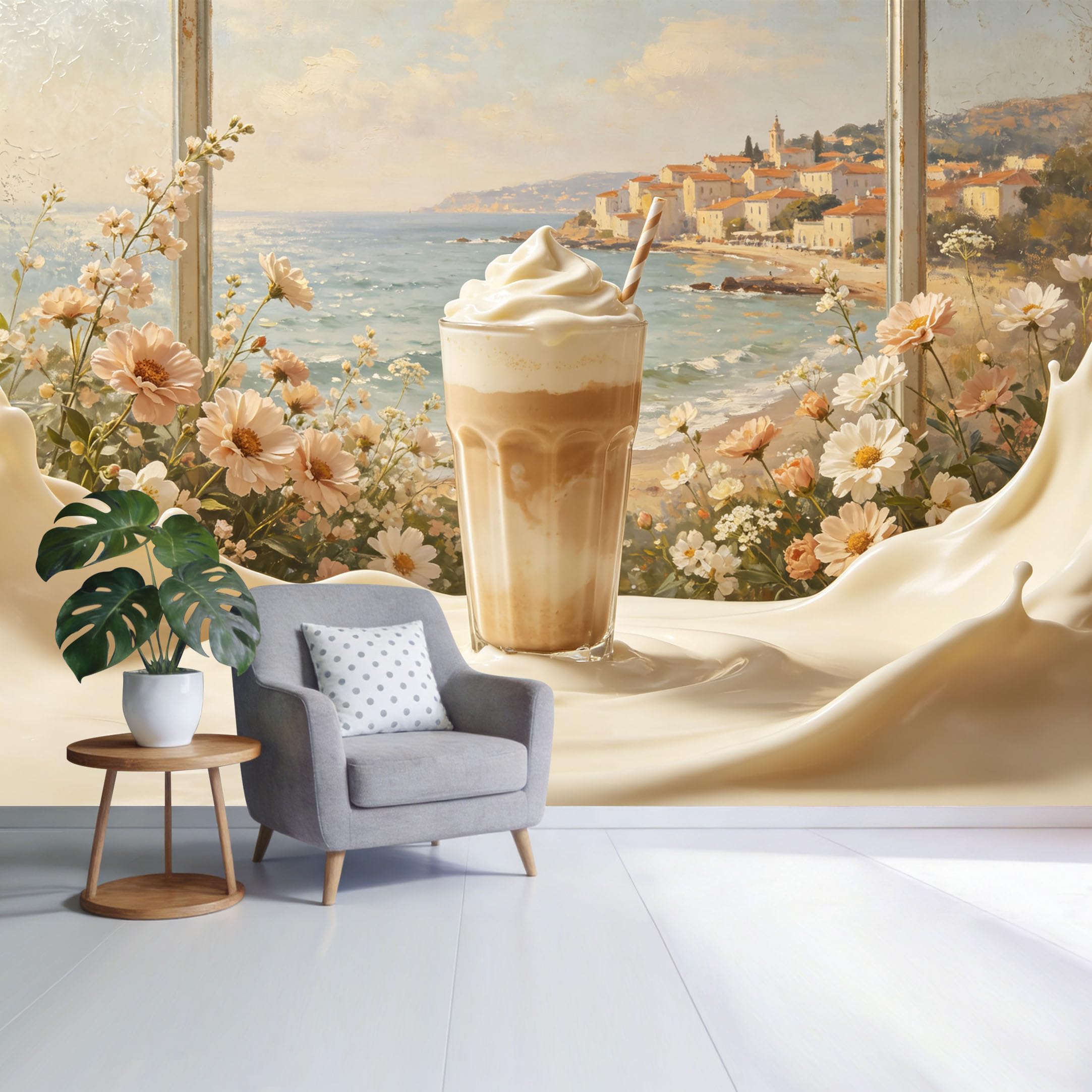 Custom Size Wall Mural Coastal Floral Latte with Ocean Village View SelfAdhesive Wall Fabric Removable Wallpaper for Home Office Decor
