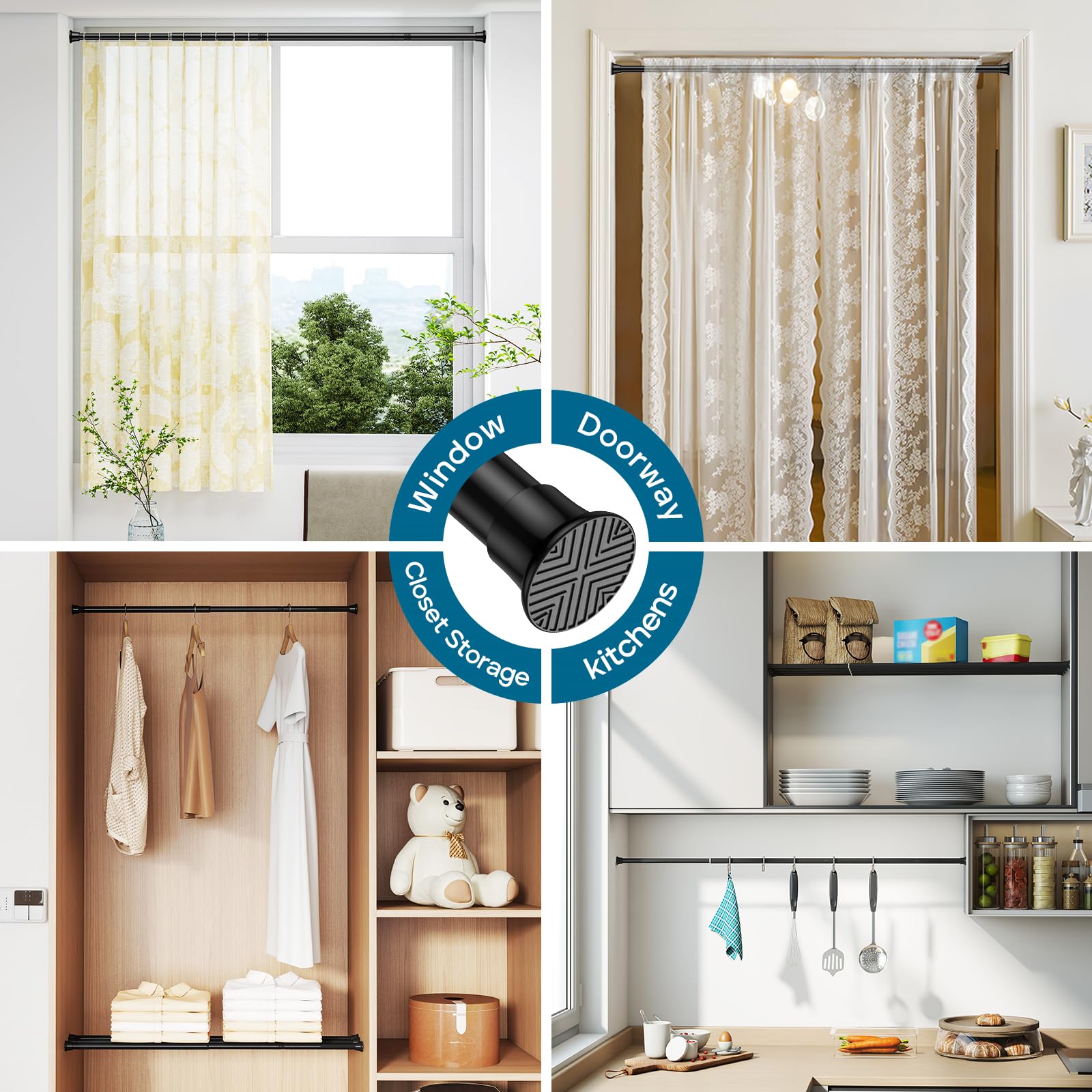 AIZESI Lot de 2 Tringles à Rideau Extensibles 78,7 à 157,5 cm Tringle à Rideau à Ressort Réglable sans Perçage pour Fenêtre, Porte, Placard, Cuisine, Rideau, Diamètre de 2,2 cm, Noir