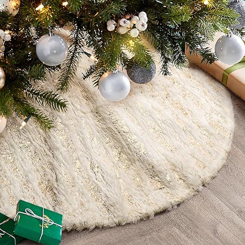 Falda de árbol de Navidad, 32 pulgadas, piel sintética blanca con rayas doradas de estampado en caliente, para decoración de Navidad, decoración del