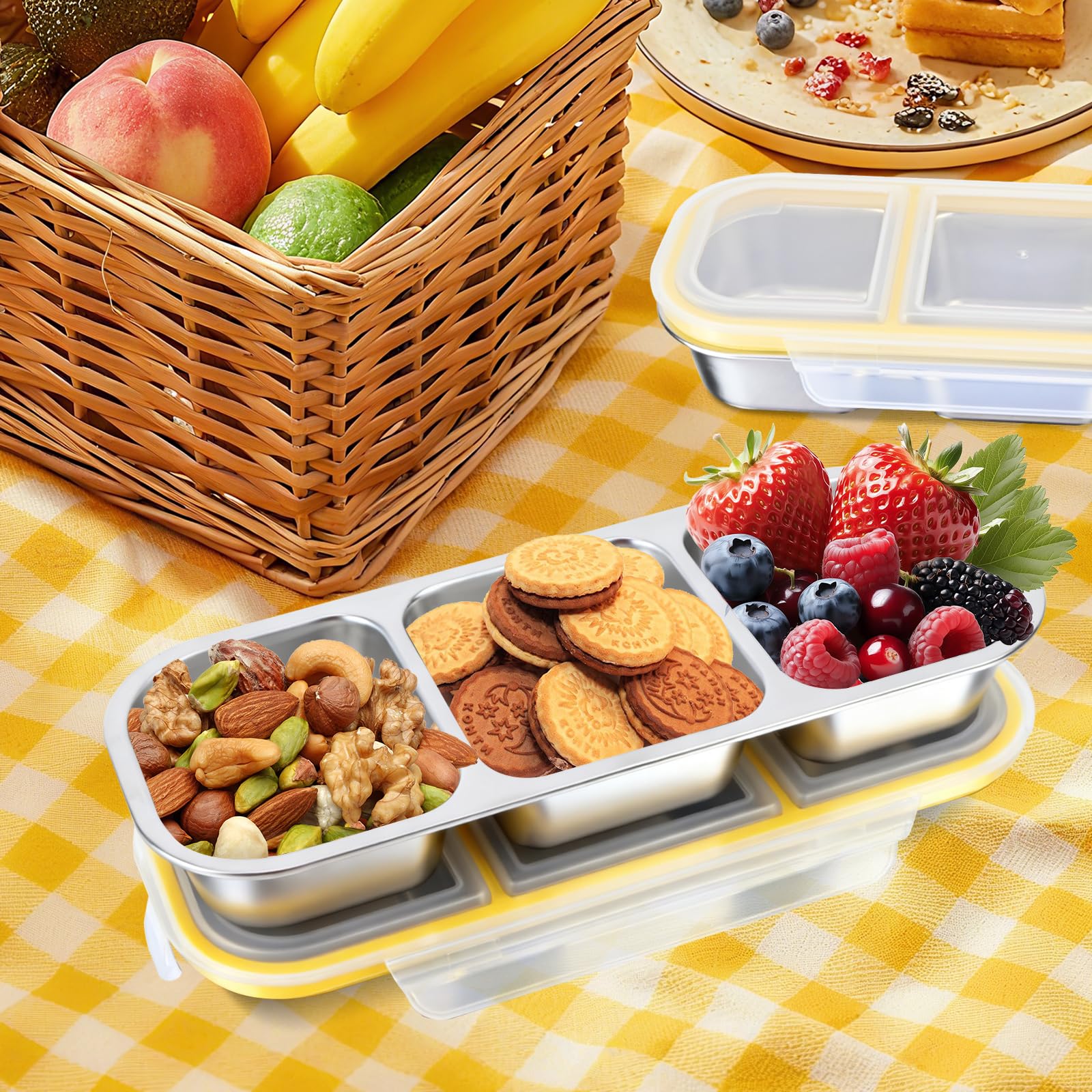 Snackbox mit Fächern,2 Stück 600ML Edelstahl Snackbox | BPA-frei Brotdose Mit Fächern Bento Box für Schule,Arbeit