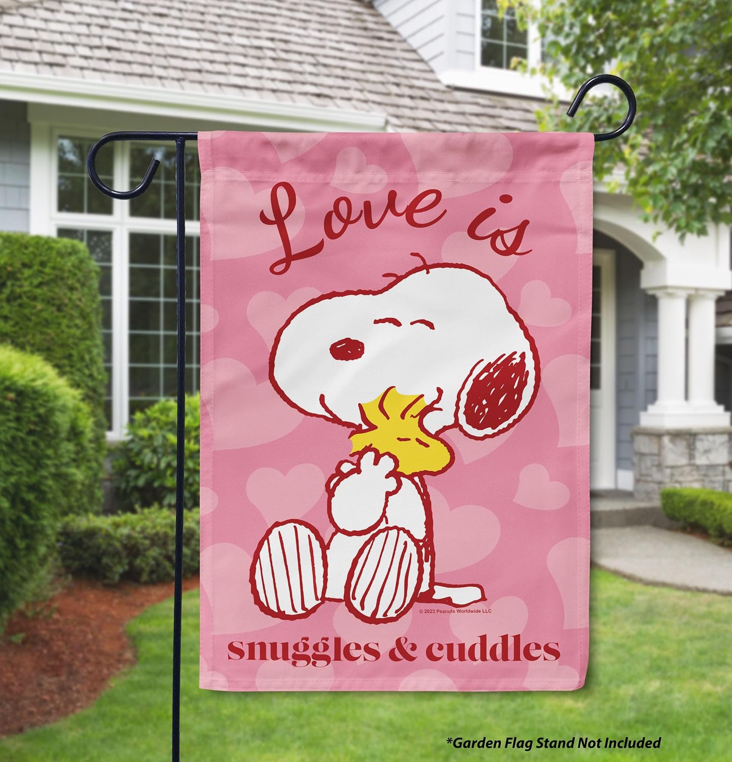 Flagology, Peanuts Love is Snuggles and Cuddles Snoopy Garden Flag 12" x 18", Happy Valentine’s Day Outdoor Décor, Licensed Peanuts Yard Flag