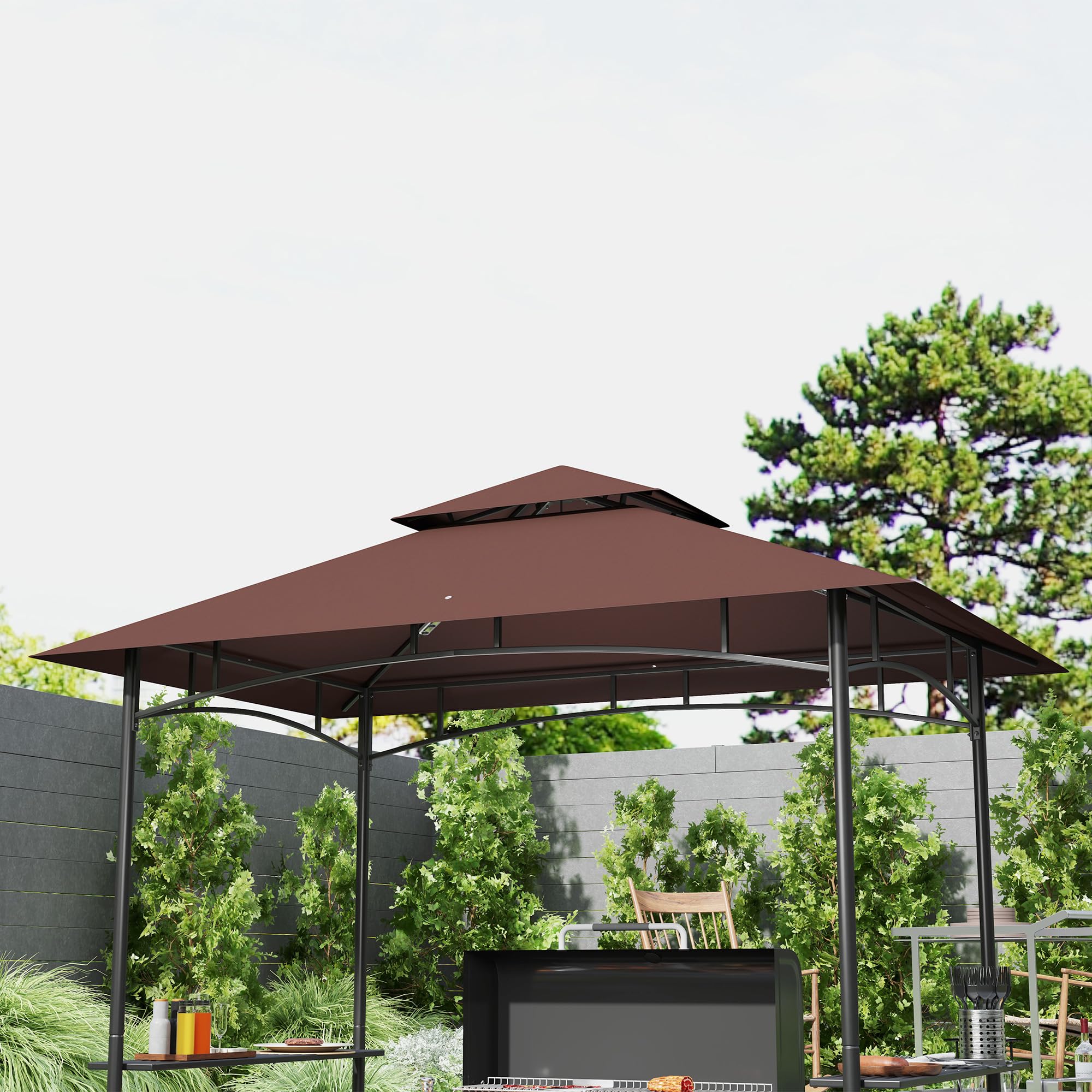 Condition photo showing New/Like New for Outsunny 8' x 5' Grill Gazebo, 2-Tier Outdoor BBQ Gazebo with Ceiling Hook, 2 Side Shelves and Storage Baskets for Patio Deck Yard, (COLOR IS Khaki)