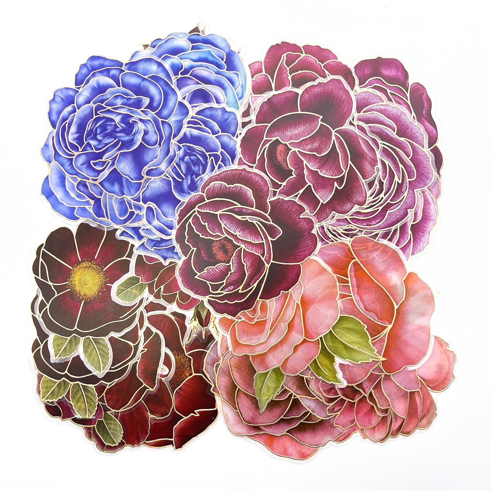 Kireida® 40 pegatinas de flores, con contornos holográficos dorados, perfectas para álbumes de recortes, diarios, planificadores, portátiles, botellas de agua y así sucesivamente (grande)