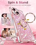 XYZ for iPhone 14 Case, Glitter Bling Phone Cover with 2-Ring Heart Stand & Lanyard, Women Girls Luxury Rhinestone Shockproof Protective Case for iPhone 14, Pink