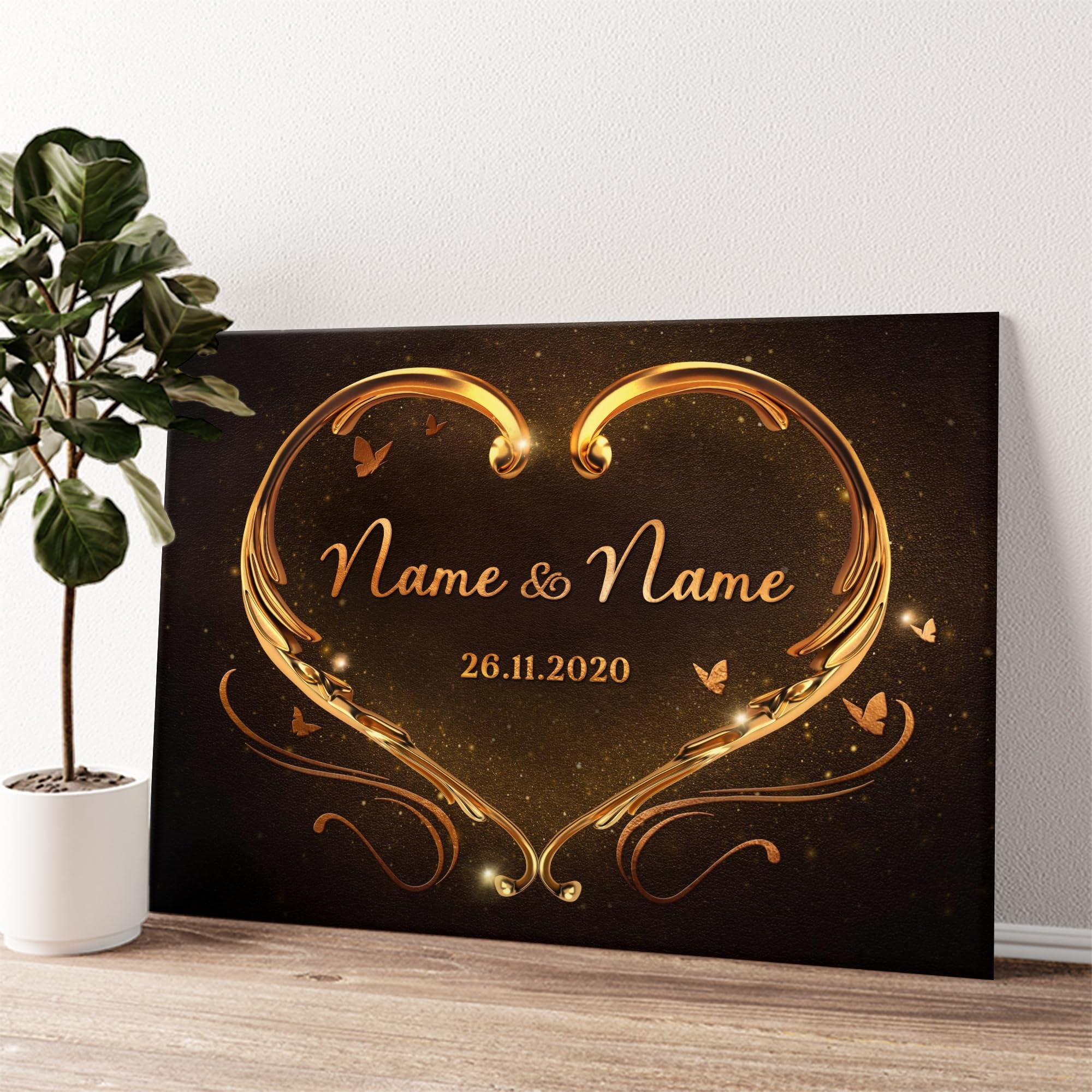 Liebesleinwand | Leinwand mit Namen und Datum | Wandbild gestalten, Jahrestag Geschenk für Frauen und Männer | Goldenes Herz