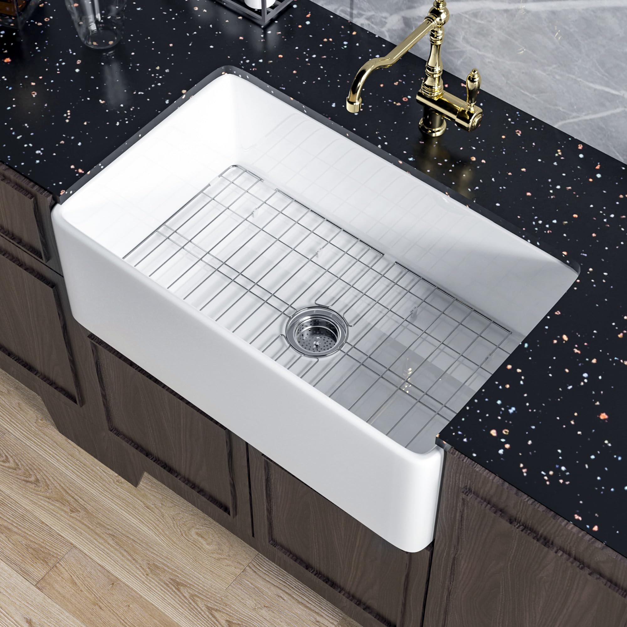 Kitchen Sink 30 x 18 x 10 Inches White Apron Front Reversible 30 x 18 x 10 Inches Farmhouse Style Single Bowl Heavy Duty Fire Clay Gloss White For