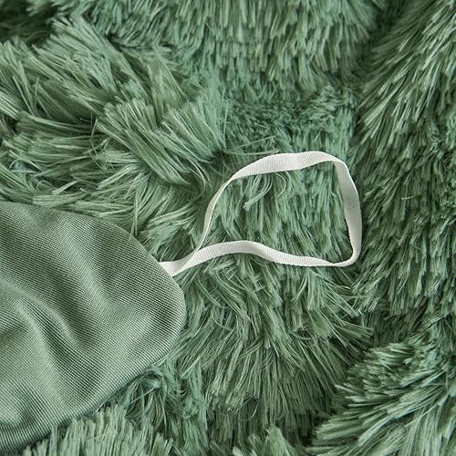Miniatura 8 de Juego de funda de edredón de piel sintética verde salvia, suave y esponjoso, color verde salvia, juego de cama Queen de 3 piezas (1 funda de edredón