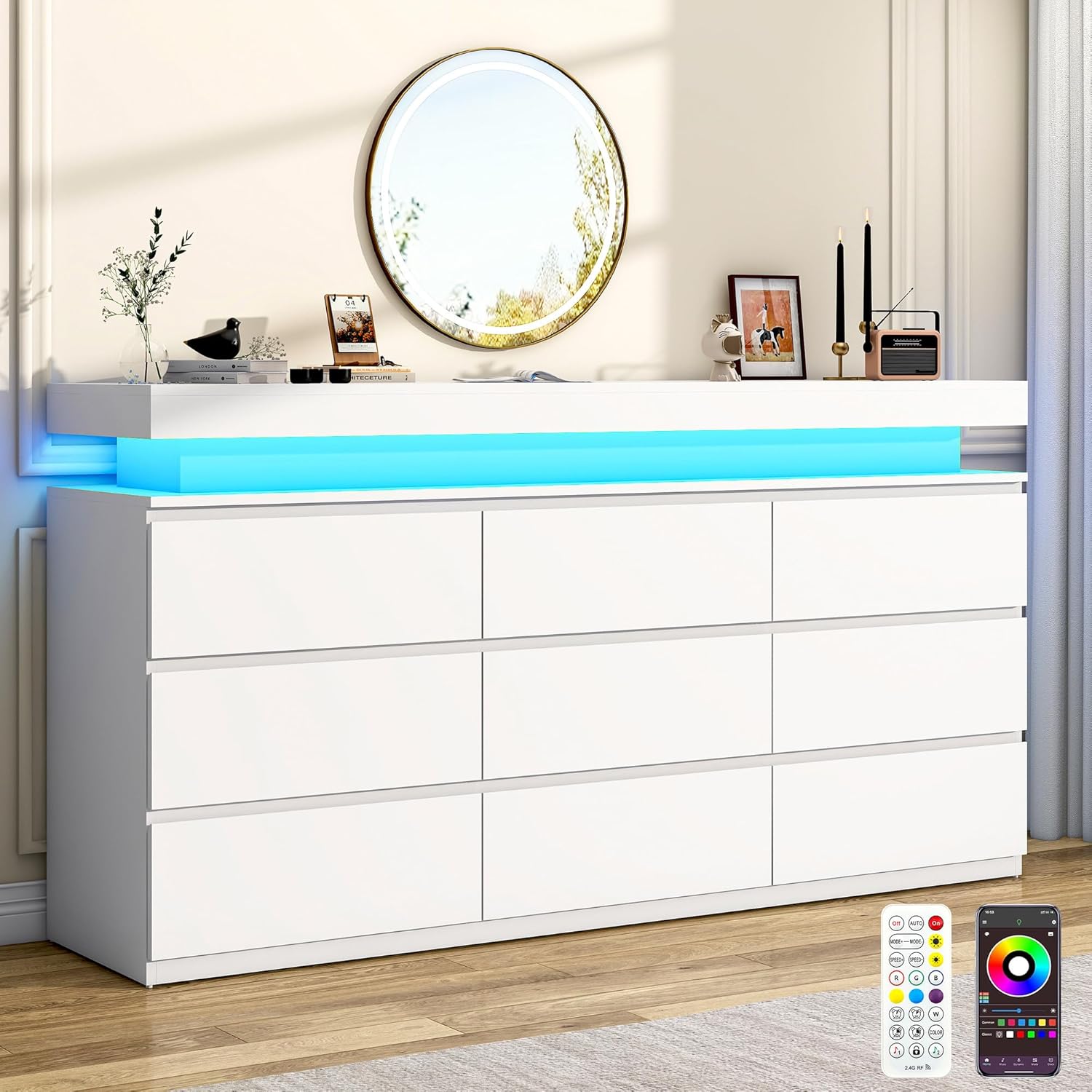 chartustriable 9 Drawer Dresser with LED Light, Modern Chest of Drawers for Closet, 63“ Wide Drawer Organizer Cabinet for Bedroom, Living Room, Entryway, Hallway (Black, 9 Drawers)