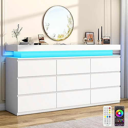 Cómoda de 9 cajones para dormitorio, cómoda blanca con luces LED, cómoda moderna para armario, armario organizador de cajones de 63 pulgadas de