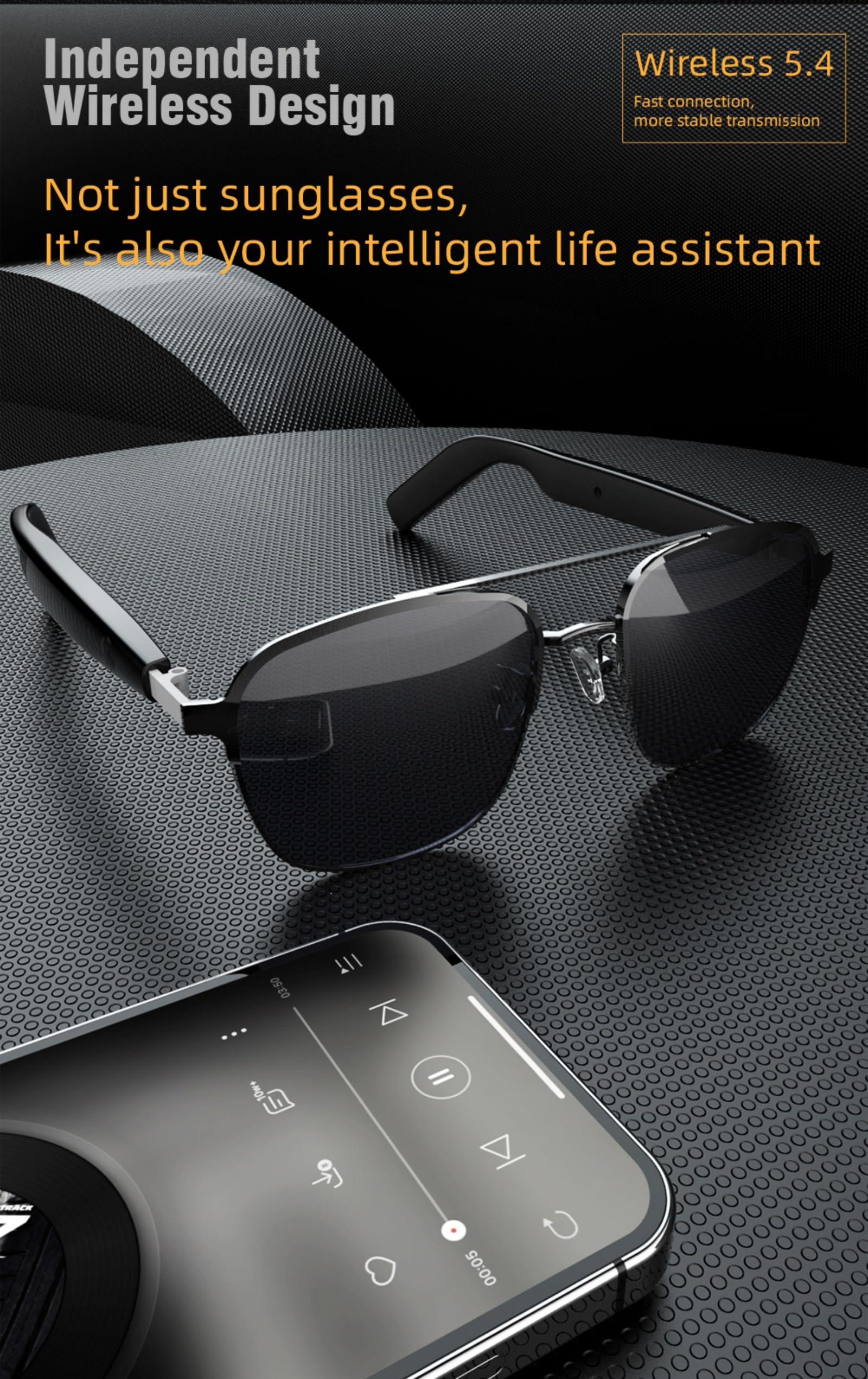 Lunettes de Soleil Audio sans Fil Intelligentes, 98% de Protection Contre Les UV et la Lumière Forte, IPX4 Waterproof, Haut-parleurs HD Stéréo pour la Musique/Les Appels/Les Jeux