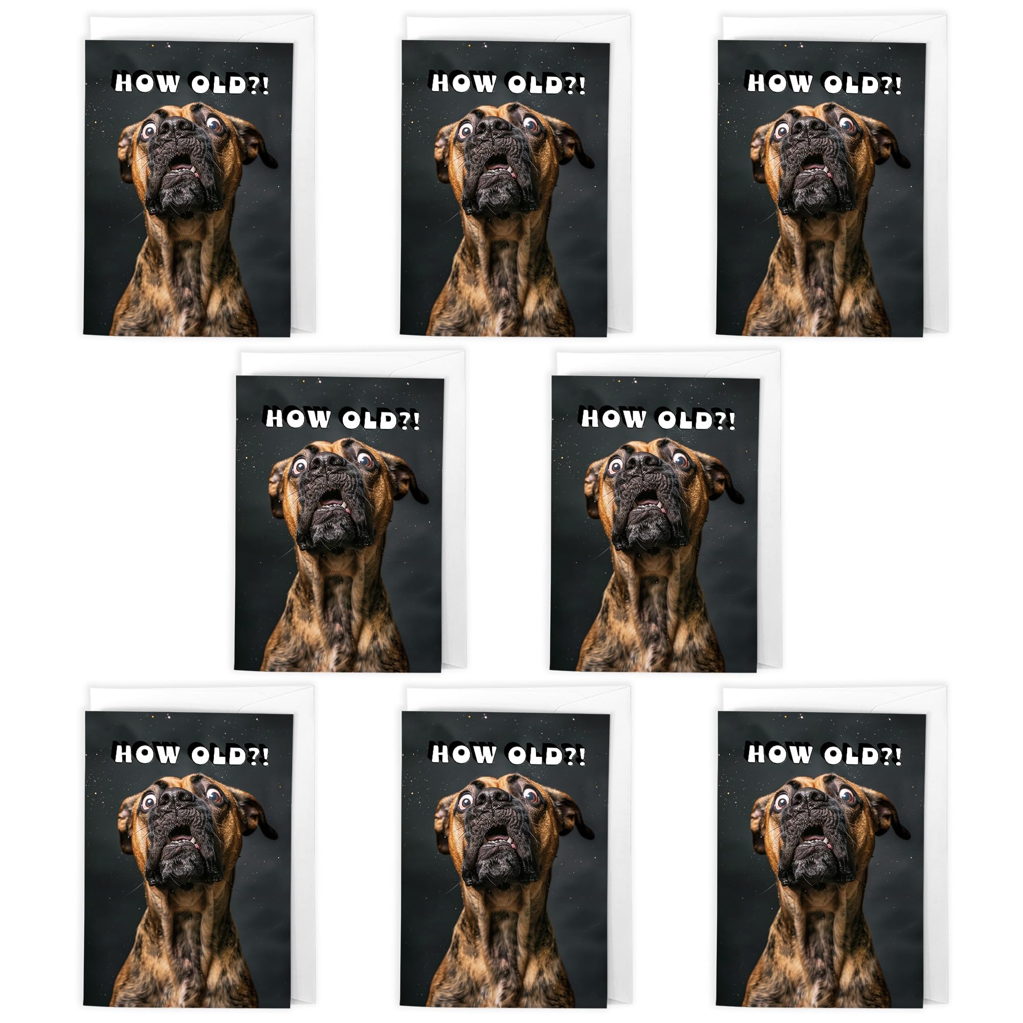 Artery8 Funny Boxer Dog Birthday Cards – Pack of 8 A6 Cards with Envelopes – “HOW OLD?!” Surprised Expression Design – Ideal for Dog Lovers, Friends & Adults – Blank Inside