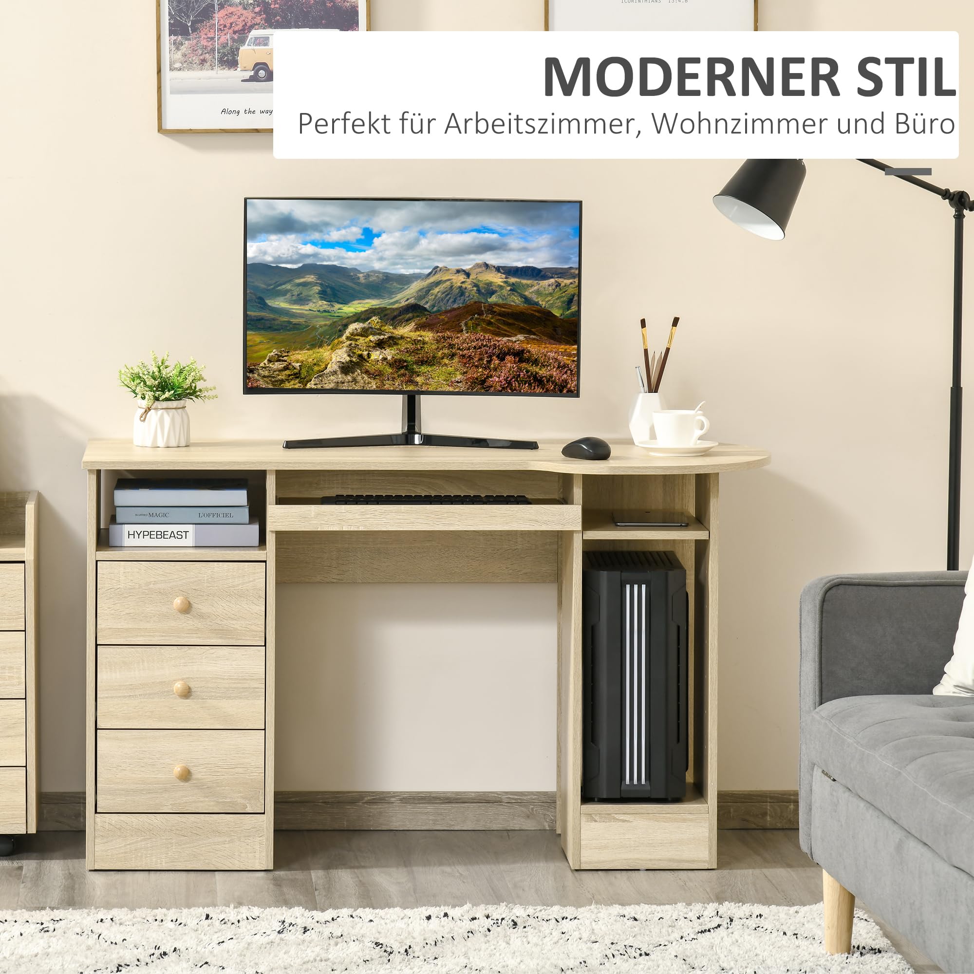 HOMCOM Computertisch Schreibtisch Bürotisch Home Office Arbeitstisch mit Ablagen Schubladen Natur 125 x 60 x 74 cm
