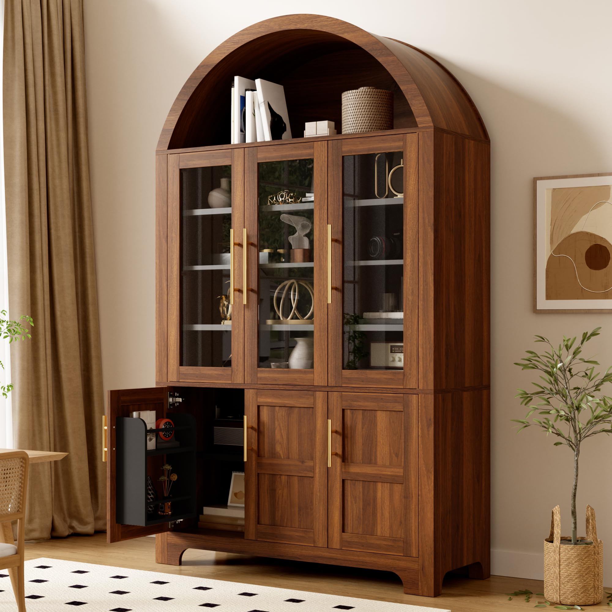 Credenza moderna verticale, PB+MDF, nicchia ad arco superiore, 3 vetrine in vetro, 3 scomparti chiusi, ripiani regolabili, maniglie in alluminio, armadio multifunzione per la casa, noce