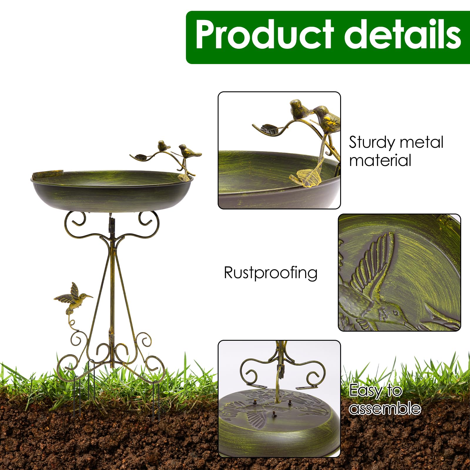 Vogeltränke Stehend 102x31cm Vogelbad Groß Retro mit 5-Krallen-Basis Kleine Schale Wassertränke für Vögel Rostschutz Kippschutz für Terrassen Rasenflächen Gartenoberflächen (Olivgrün)