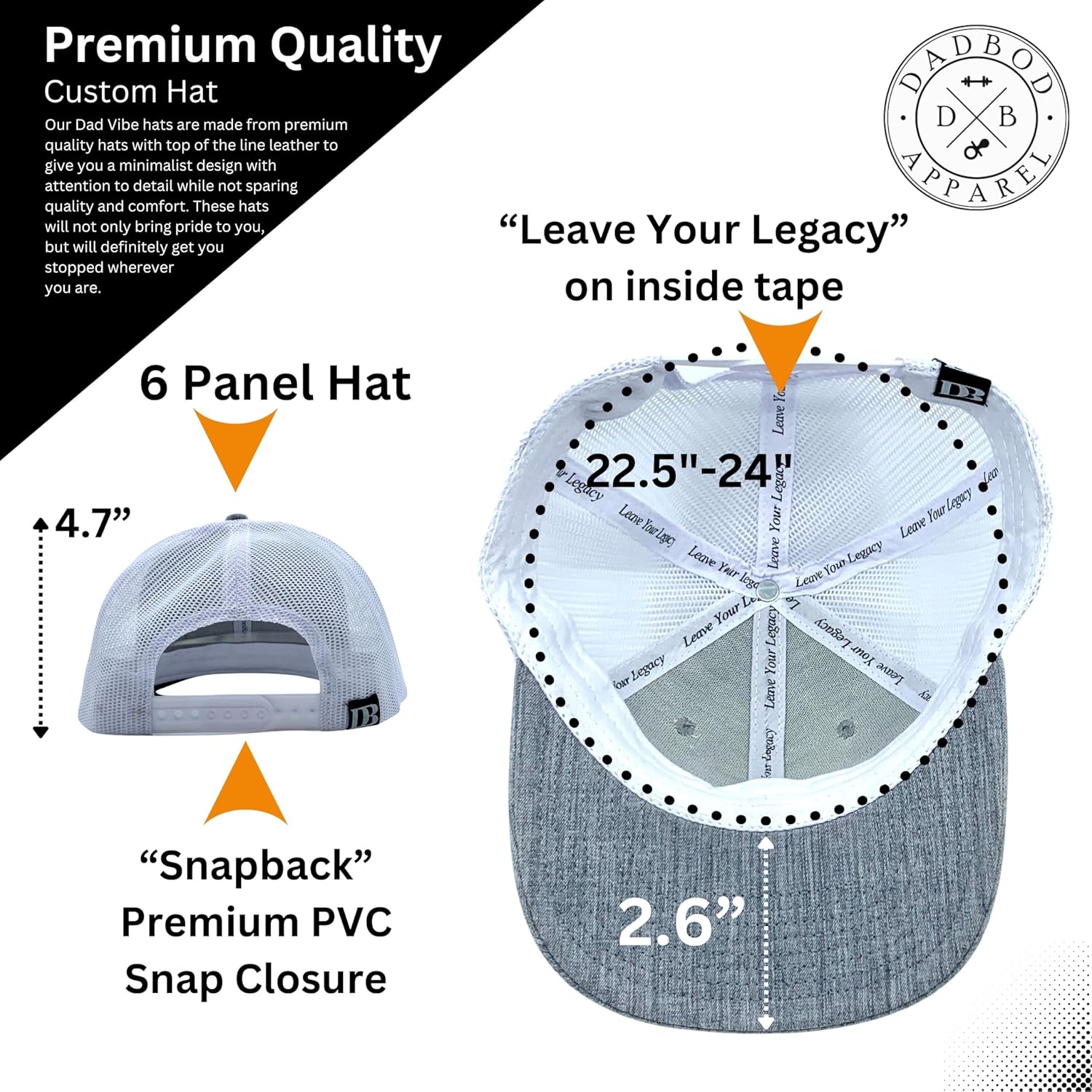 DadBod Apparel DB DadVibes Leather Patch Classic Snapback Hat - Heather Grey/White Mesh - Premium Baseball Cap for Girl Dads and Boy Dads