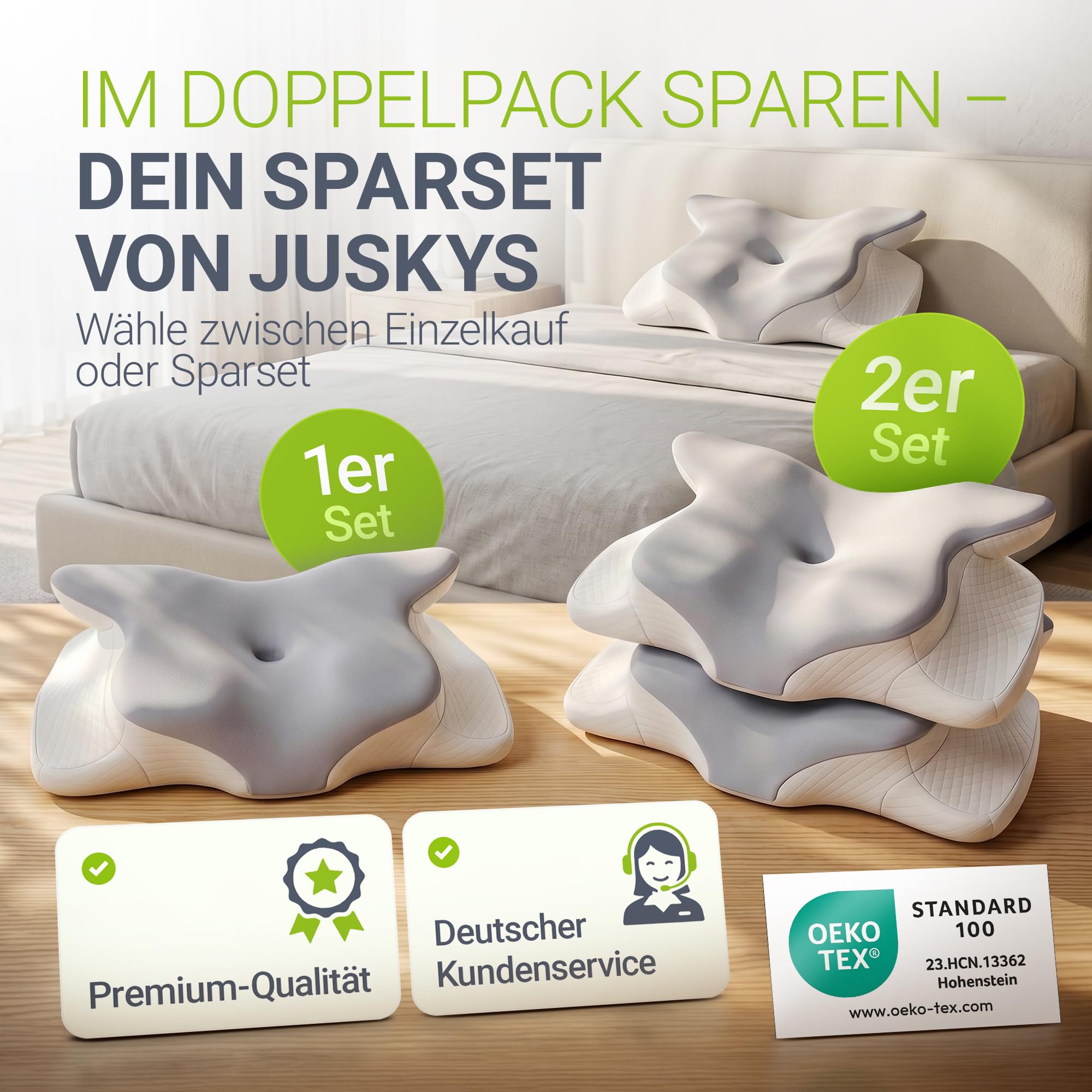 Juskys Nackenkissen 1er Set - Ergonomisches Kopfkissen mit Memory-Foam, atmungsaktivem Bezug - Kissen für den Nacken, gesunder Schlaf - weiß/grau