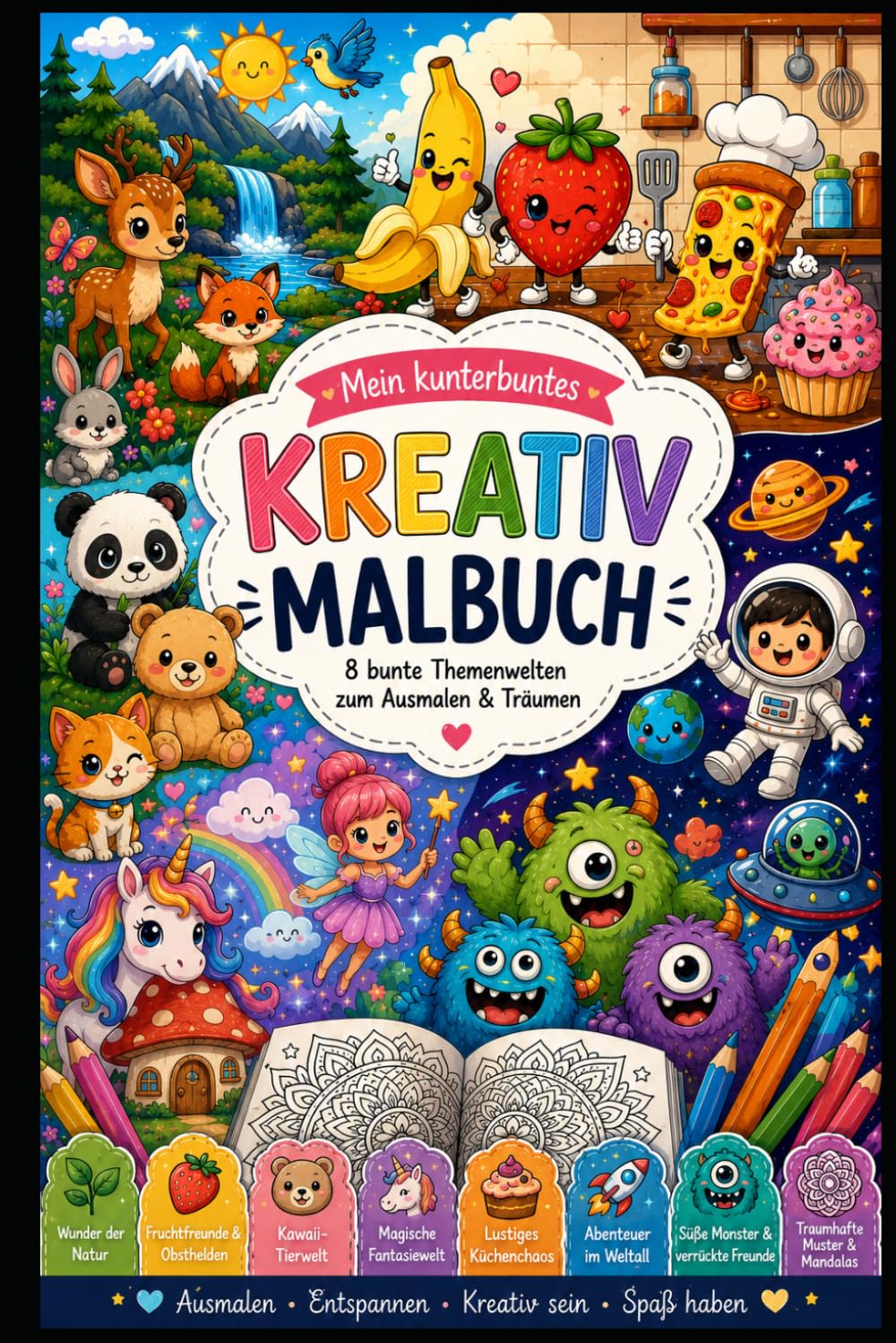 Mein kunterbuntes Kreatives Malbuch: Fantastische Welten voller Spaß, Kreativität und entspannender Ausmalmomente