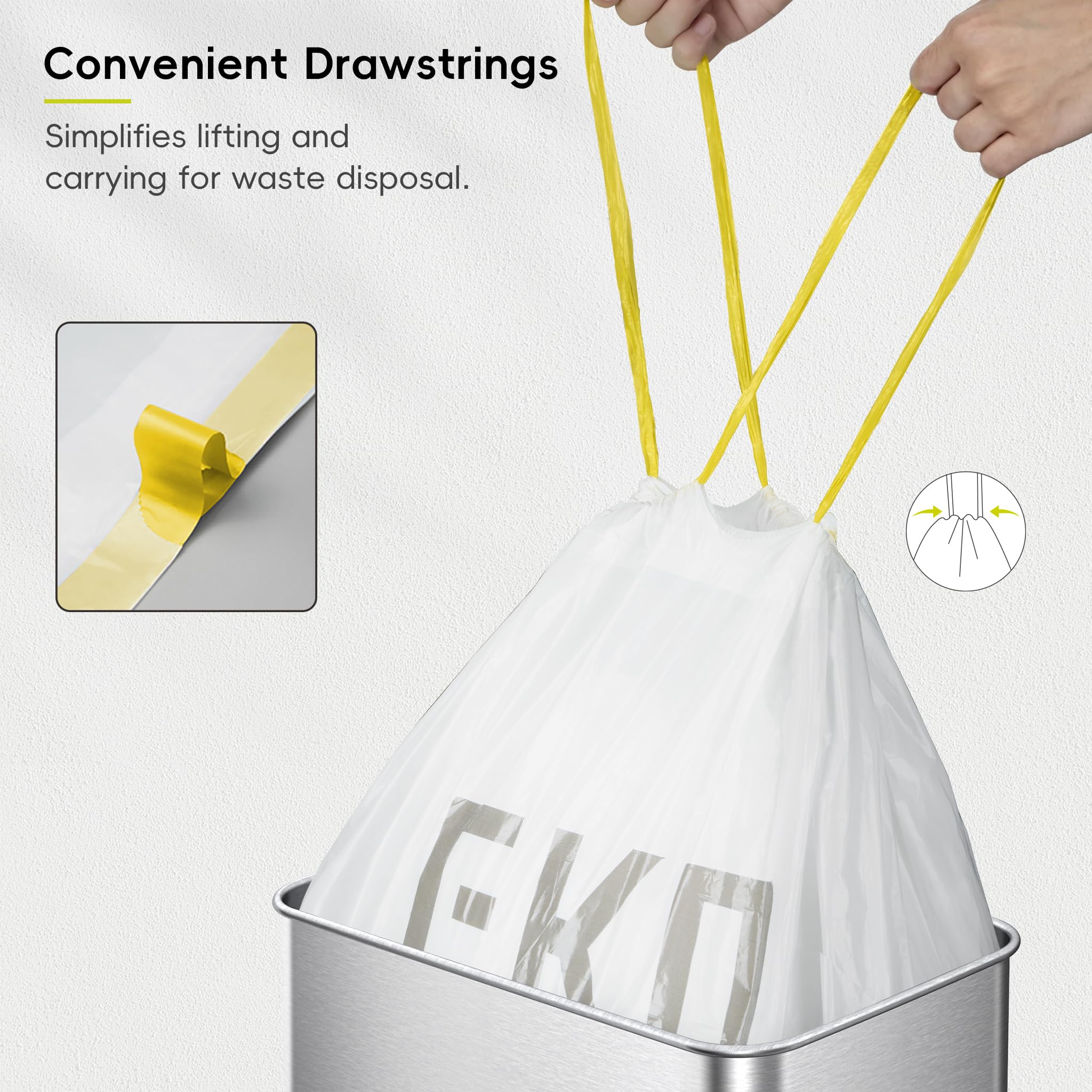 EKO Lot de 60 sacs poubelle de 45 à 49 litres avec cordon de serrage, extra forts et non parfumés, rouleau facile à distribuer pour la cuisine et la maison, résiste aux déchirures, aux fuites et aux