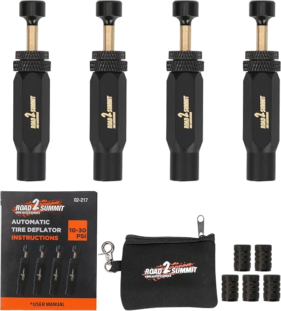 Tire Deflator Kit, 4 PCS Auto-Stop Valve Tool, 10-30 PSI Adjustable Range, Screw-On Tire Air Down Valves, With Storage Pouch, For Off-Road, Truck, SUV, RV, Travel & Repair