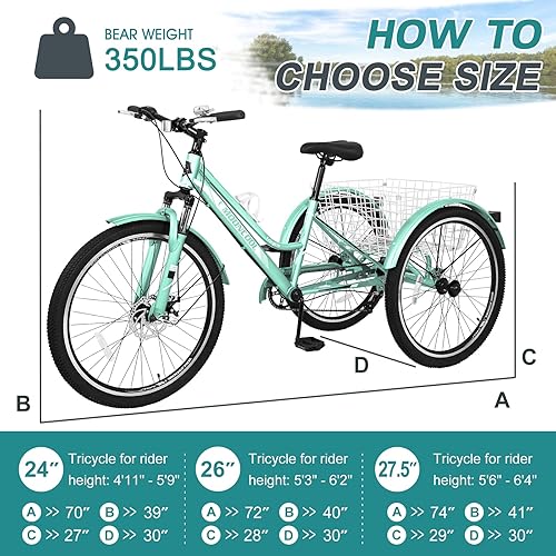 Vista 6 de MOPHOTO Triciclo de montaña para adultos, triciclo de montaña de 3 ruedas de 7 velocidades de 24 pulgadas y 26 pulgadas, triciclos de crucero