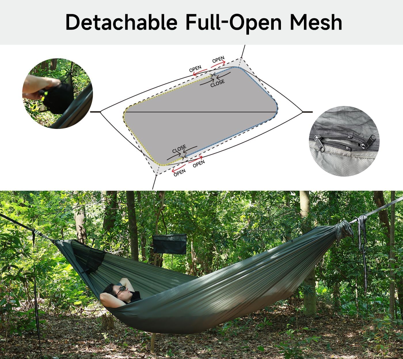 NomadNest 11ft Camping Hängematte mit Moskitonetz und Ridge Rope, Abnehmbare Full-Open Mesh, Leichte Tragbare Hängematten für Camping Wandern Backpacking