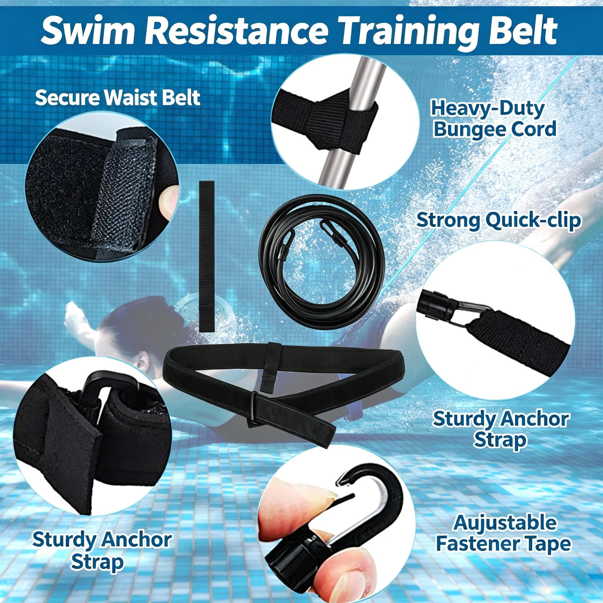 Bavooty Schwimmgurt für Pool,Einstellbare Schwimmwiderstand Gürtel,Schwimmtrainer Gürtel,Schwimmhilfe Erwachsene Pool,Einstellbare Schwimmseil,Geeignet für alle Arten von Schwimmtraining